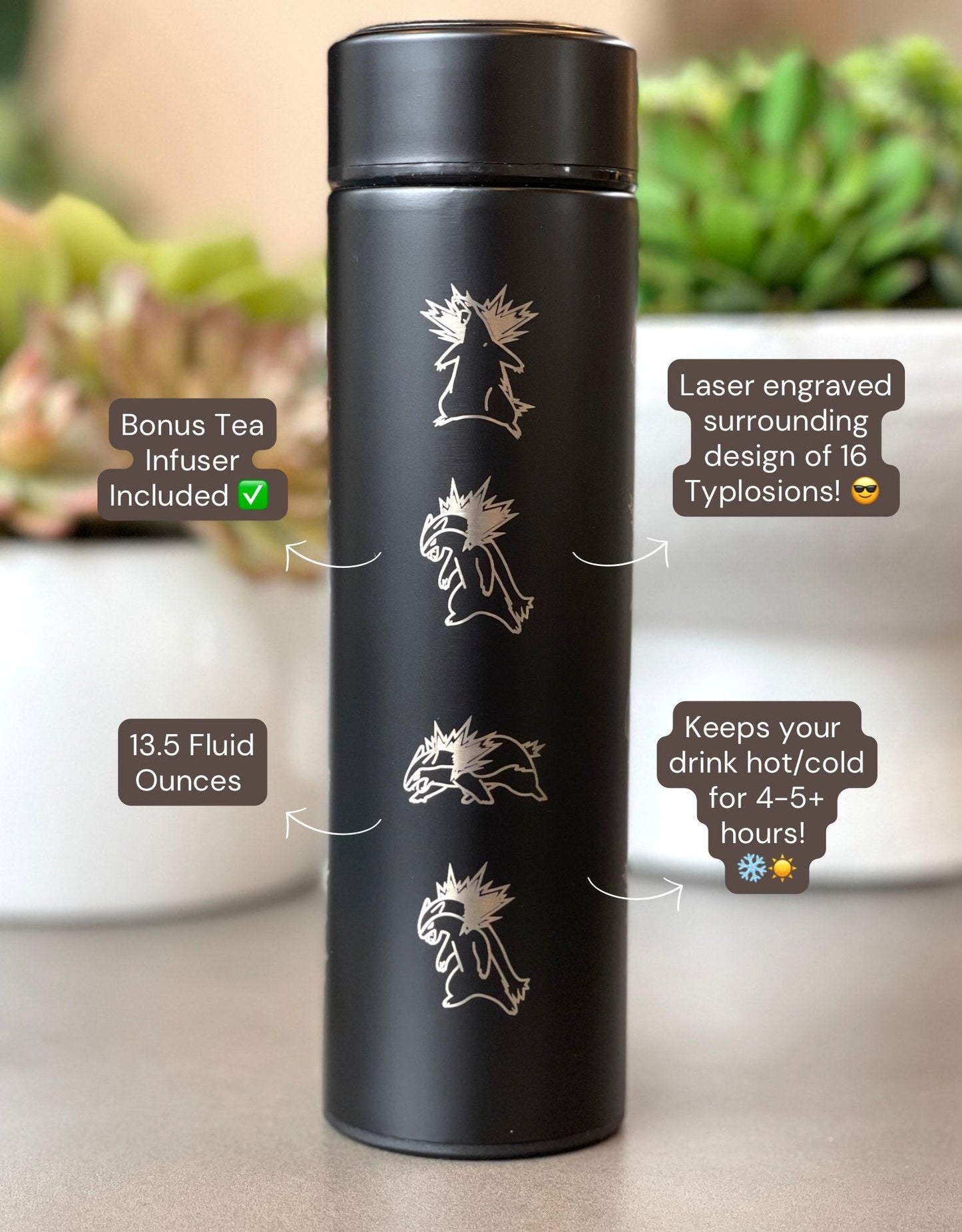 Typhlosion Engraved Coffee Tumbler with Hisuian Typhlosion, Water Bottle with Tea Infuser, Anime Travel Mug, Fire Johto Starter Fan Gift