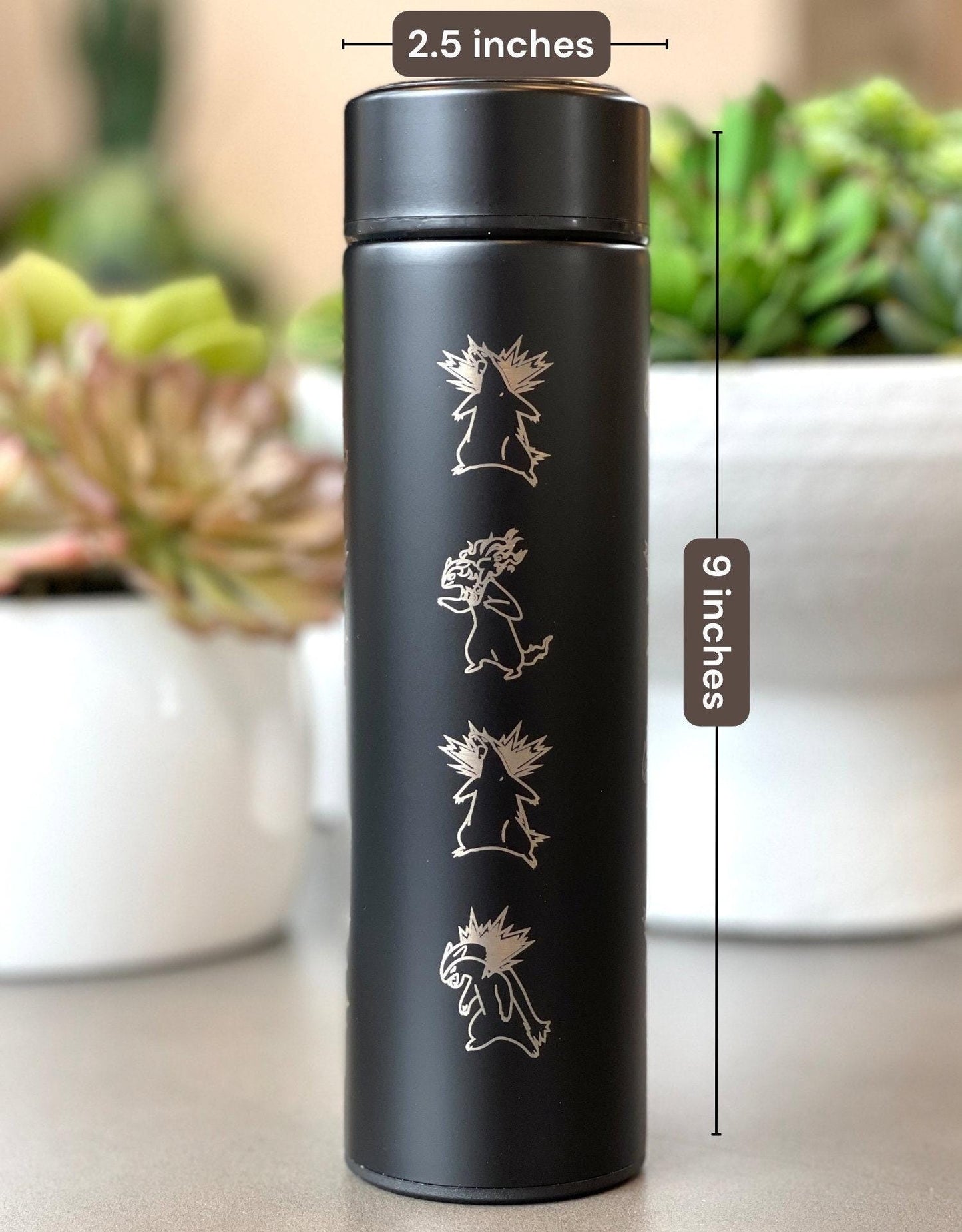 Typhlosion Engraved Coffee Tumbler with Hisuian Typhlosion, Water Bottle with Tea Infuser, Anime Travel Mug, Fire Johto Starter Fan Gift