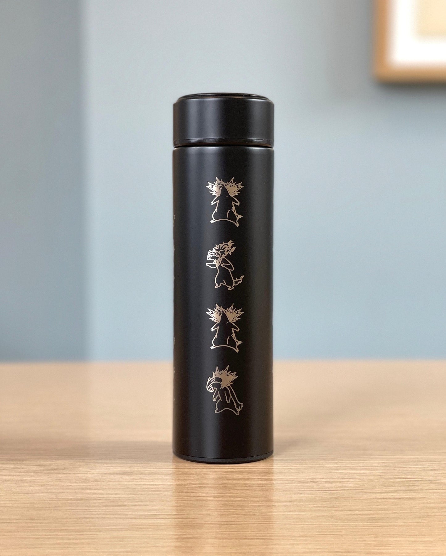 Typhlosion Engraved Coffee Tumbler with Hisuian Typhlosion, Water Bottle with Tea Infuser, Anime Travel Mug, Fire Johto Starter Fan Gift