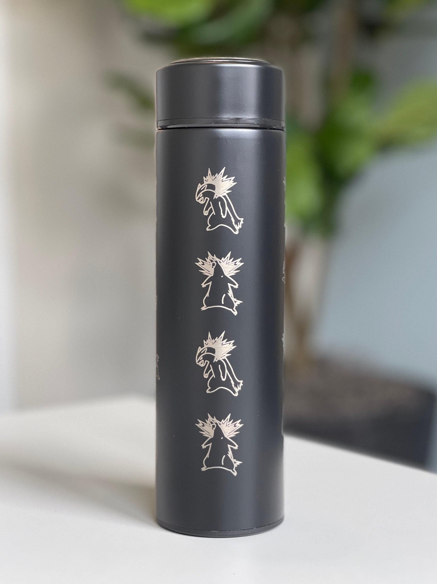 Typhlosion Engraved Coffee Tumbler with Hisuian Typhlosion, Water Bottle with Tea Infuser, Anime Travel Mug, Fire Johto Starter Fan Gift