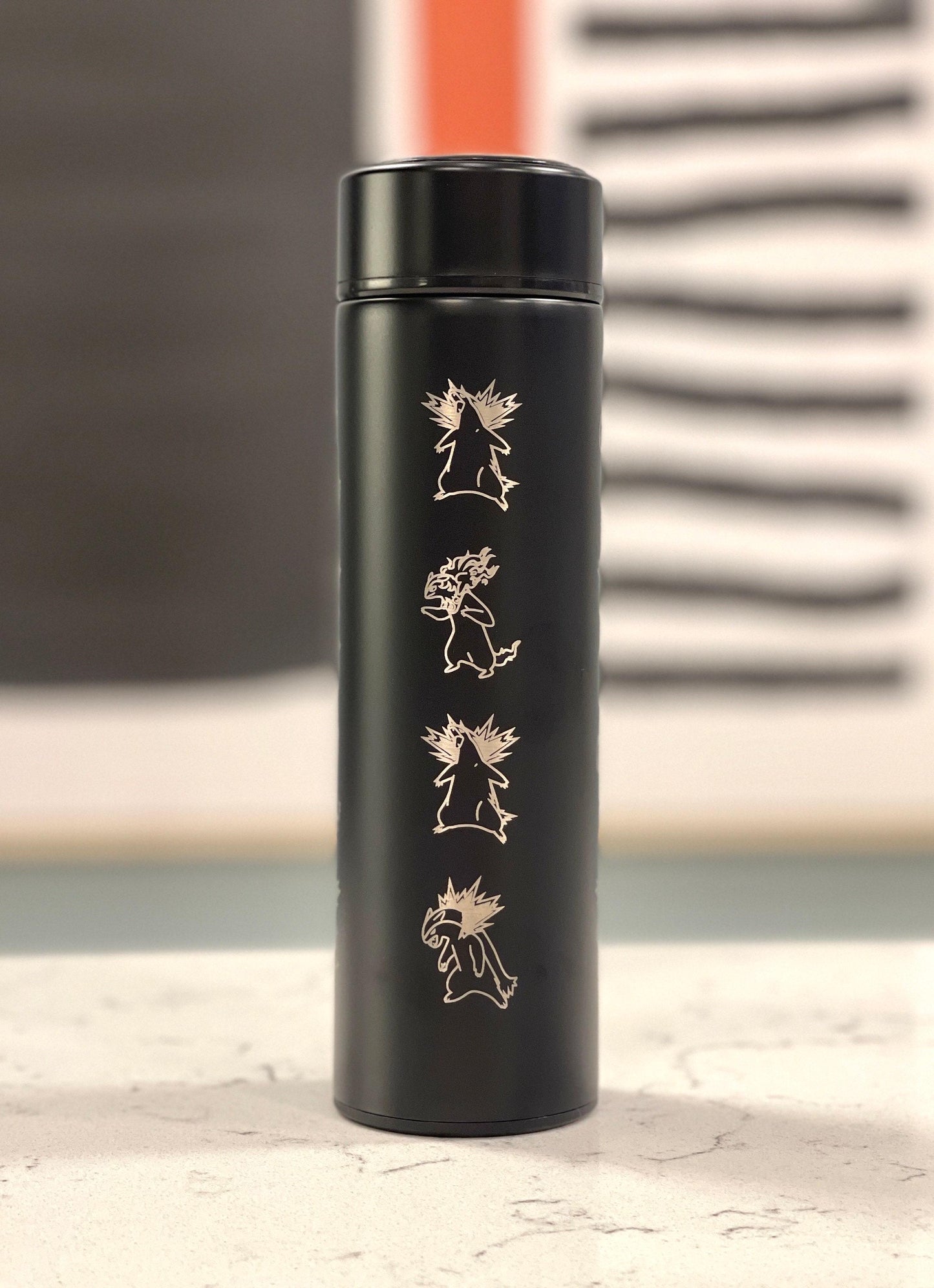 Typhlosion Engraved Coffee Tumbler with Hisuian Typhlosion, Water Bottle with Tea Infuser, Anime Travel Mug, Fire Johto Starter Fan Gift