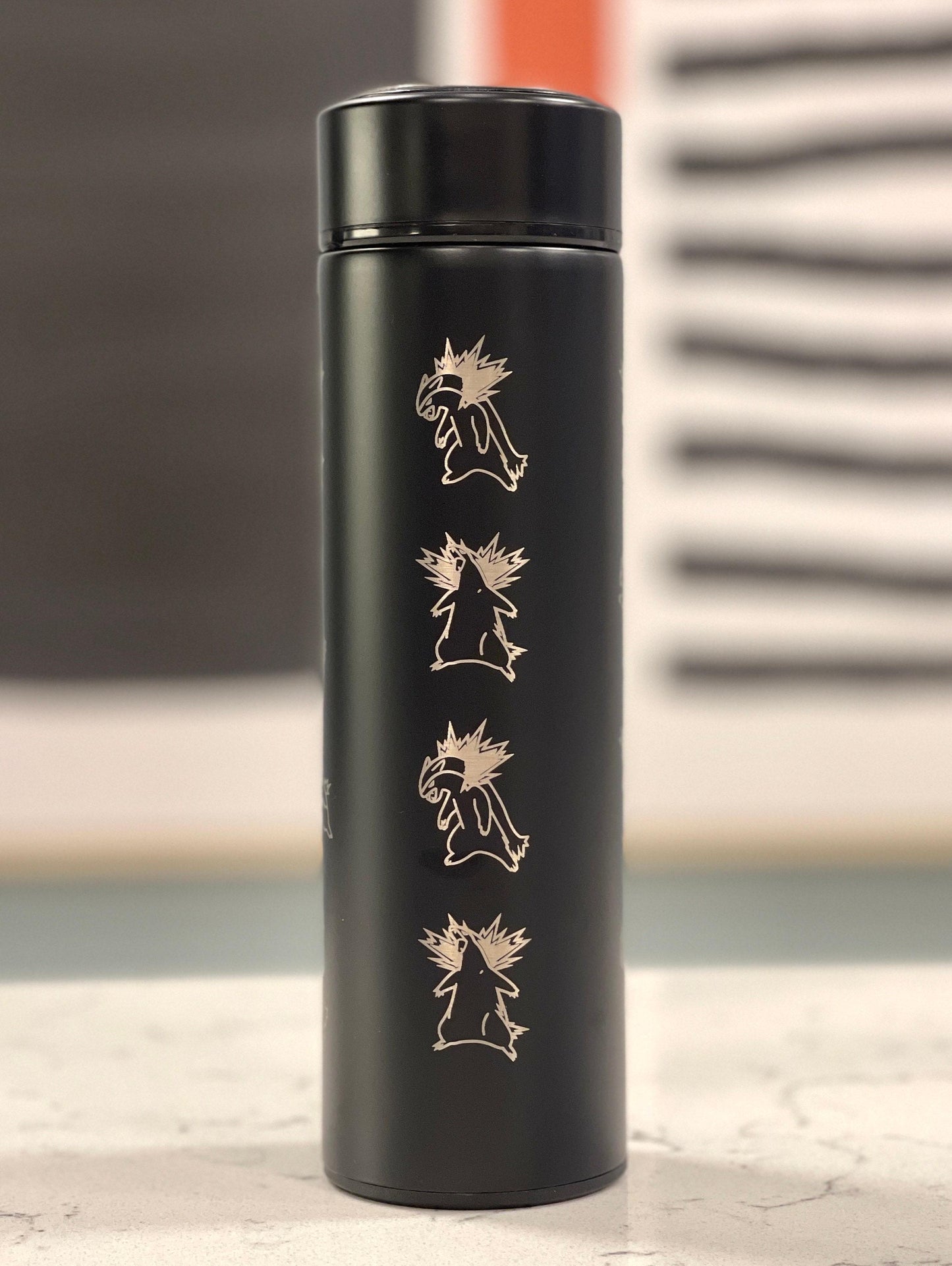 Typhlosion Engraved Coffee Tumbler with Hisuian Typhlosion, Water Bottle with Tea Infuser, Anime Travel Mug, Fire Johto Starter Fan Gift