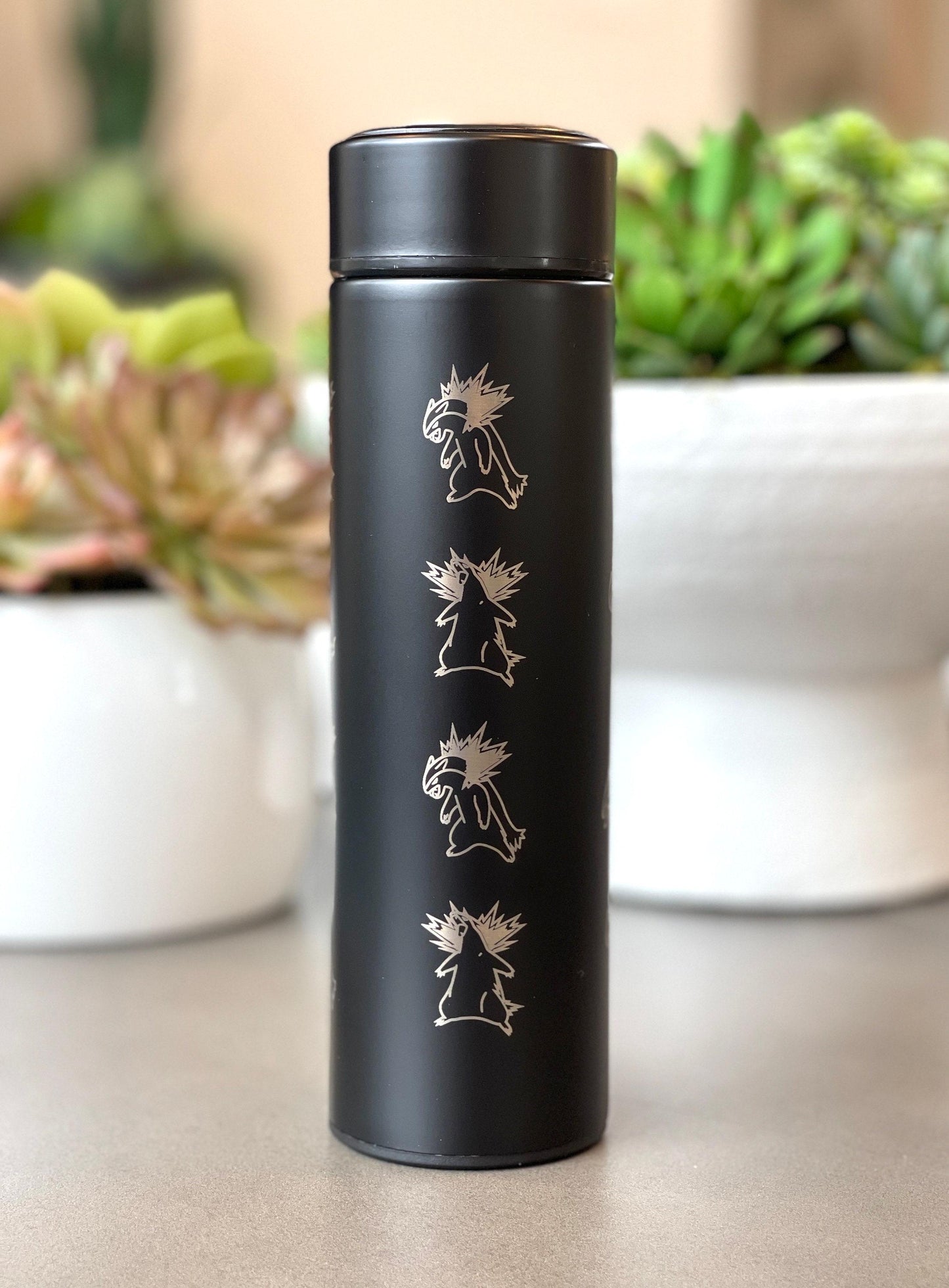Typhlosion Engraved Coffee Tumbler with Hisuian Typhlosion, Water Bottle with Tea Infuser, Anime Travel Mug, Fire Johto Starter Fan Gift