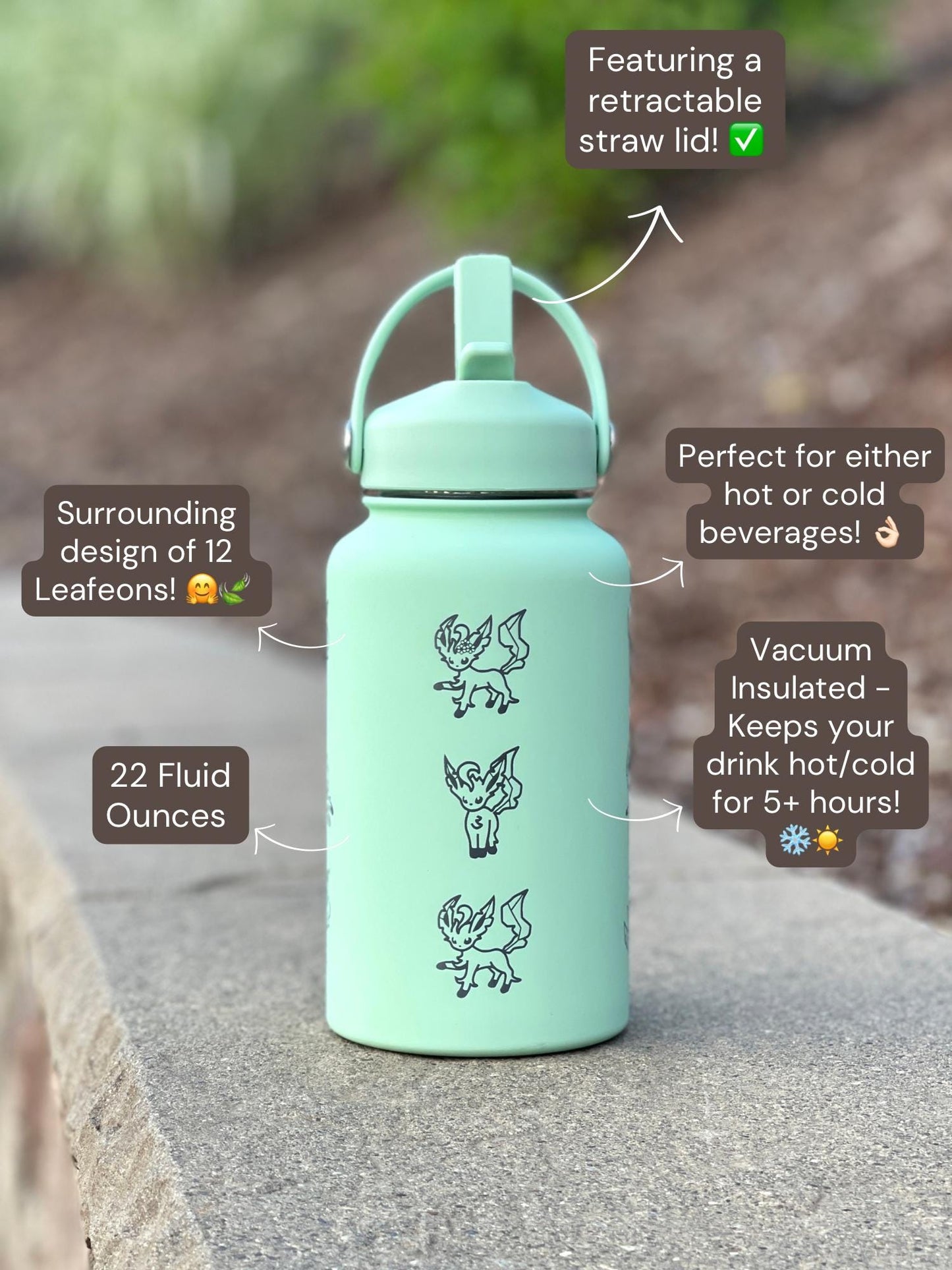 Leafeon Water Bottle Engraved Coffee Tumbler Razor Leaf & Flower Crown Costume Waterbottle, Eeveelution Anime Fan Birthday Thermos Gift