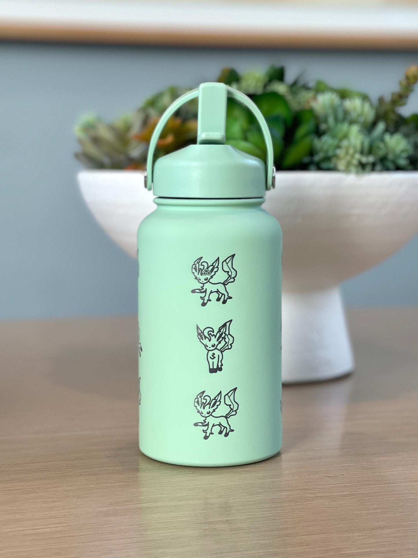 Leafeon Water Bottle Engraved Coffee Tumbler Razor Leaf & Flower Crown Costume Waterbottle, Eeveelution Anime Fan Birthday Thermos Gift