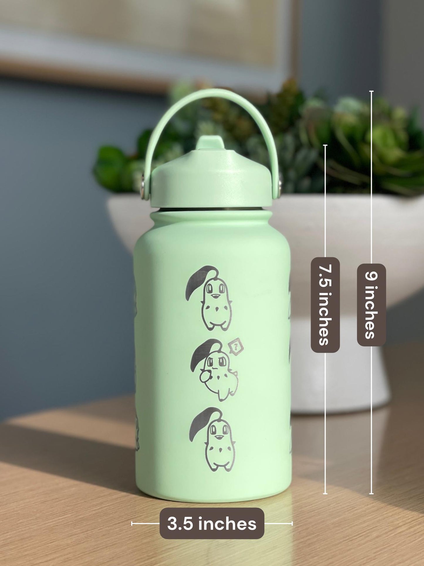Chikorita Water Bottle Engraved Coffee Tumbler with Sleeping Chikorita, Grass Johto Starter Waterbottle Travel Mug Anime Fan Birthday Gift