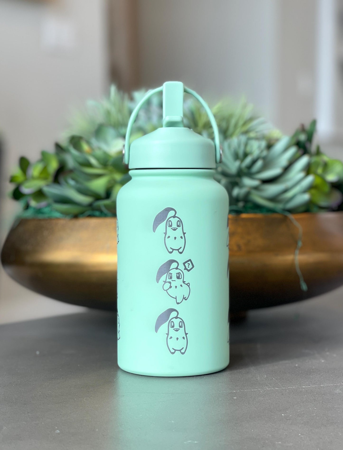 Chikorita Water Bottle Engraved Coffee Tumbler with Sleeping Chikorita, Grass Johto Starter Waterbottle Travel Mug Anime Fan Birthday Gift