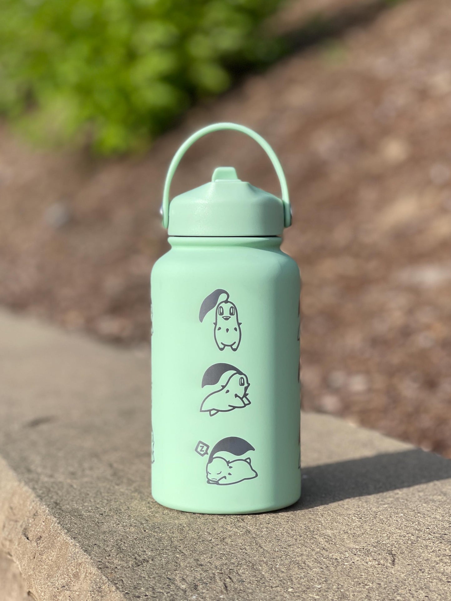 Chikorita Water Bottle Engraved Coffee Tumbler with Sleeping Chikorita, Grass Johto Starter Waterbottle Travel Mug Anime Fan Birthday Gift