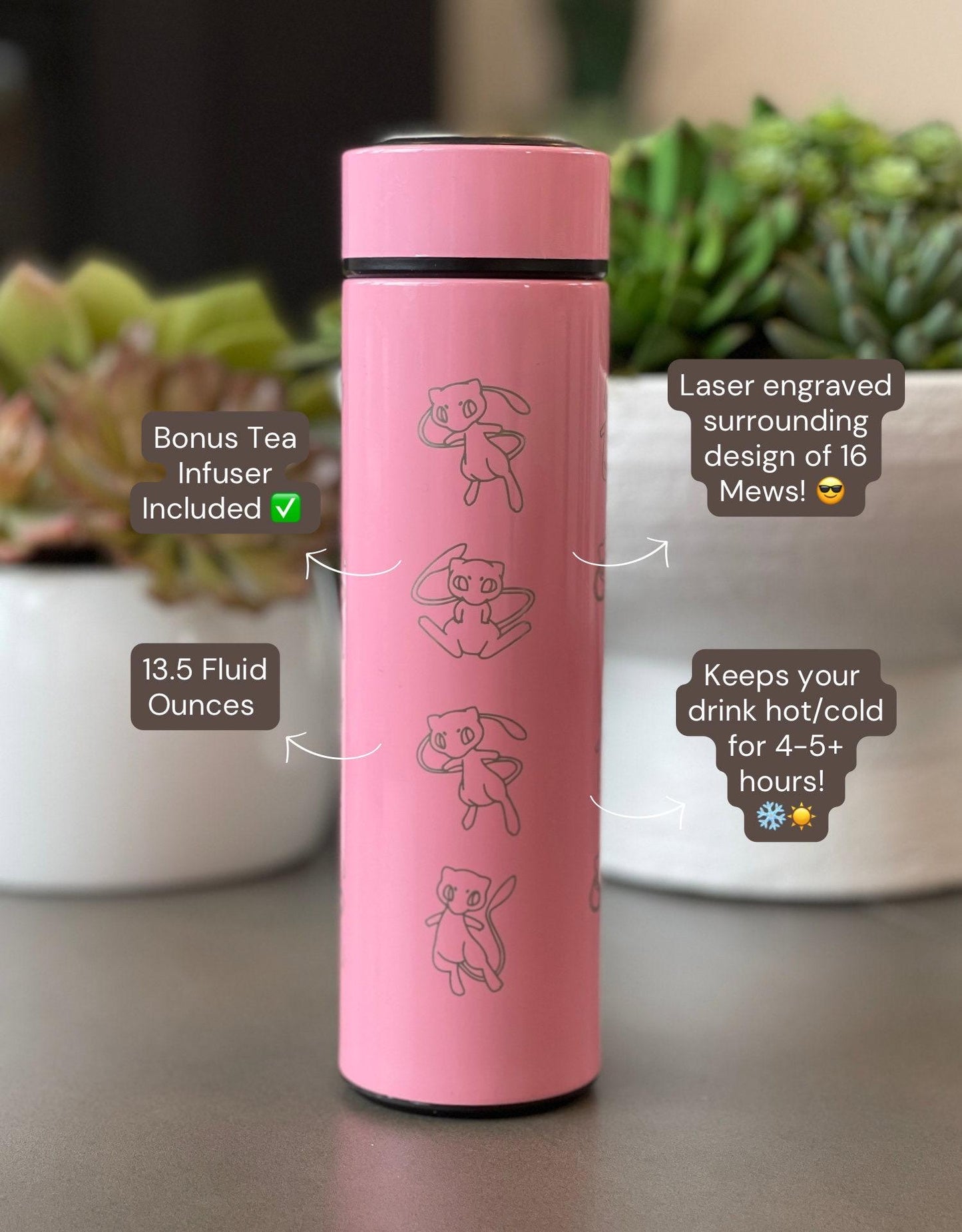 Mew Coffee Tumbler with Ash Ketchum’s Hat, Shiny Mew Water Bottle with Tea Infuser, Psychic Mythical Travel Mug Flask Gift