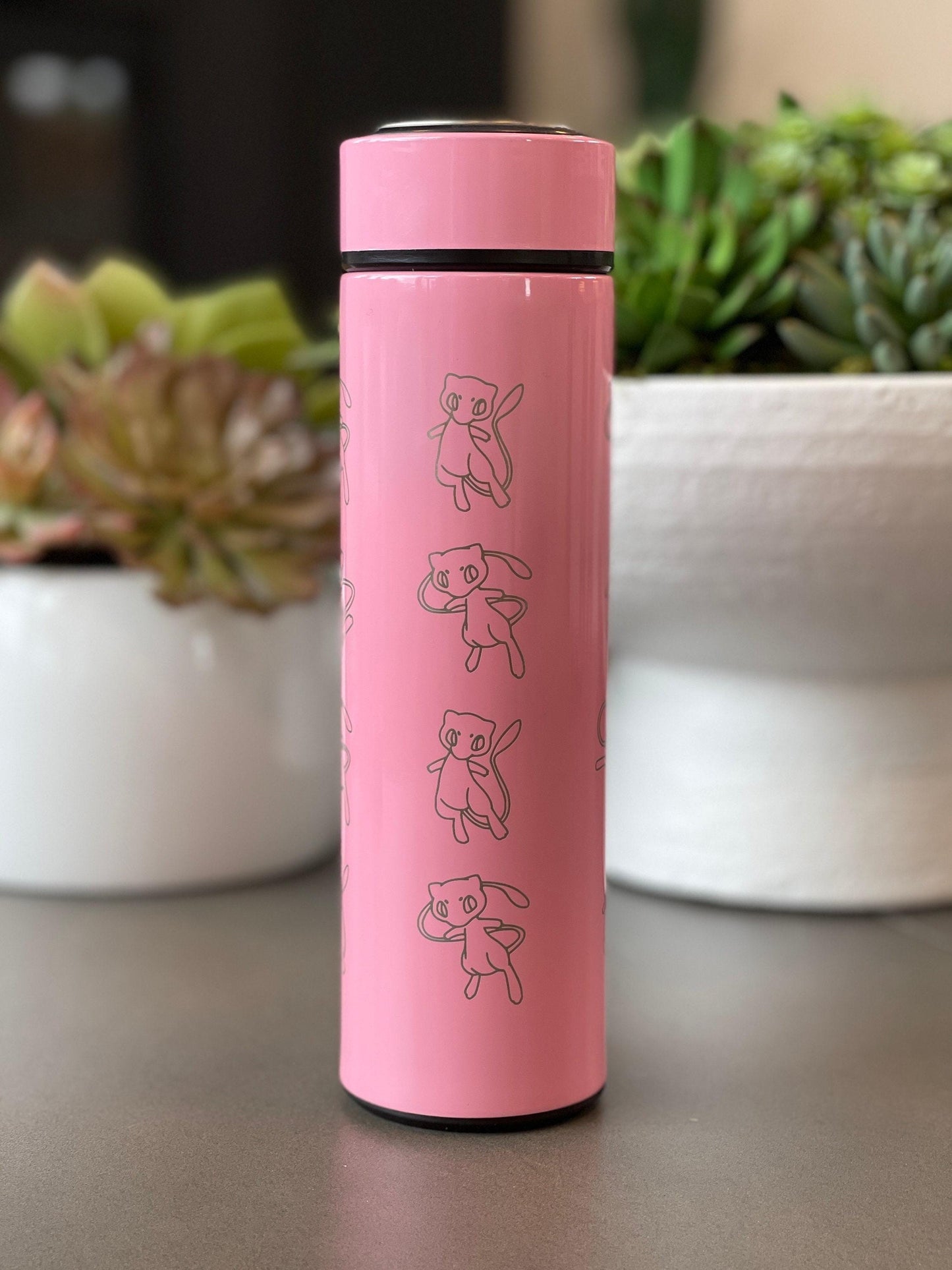Mew Coffee Tumbler with Ash Ketchum’s Hat, Shiny Mew Water Bottle with Tea Infuser, Psychic Mythical Travel Mug Flask Gift