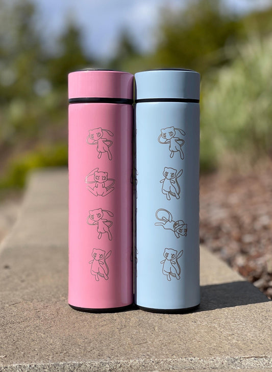 Mew Coffee Tumbler with Ash Ketchum’s Hat, Shiny Mew Water Bottle with Tea Infuser, Psychic Mythical Travel Mug Flask Gift