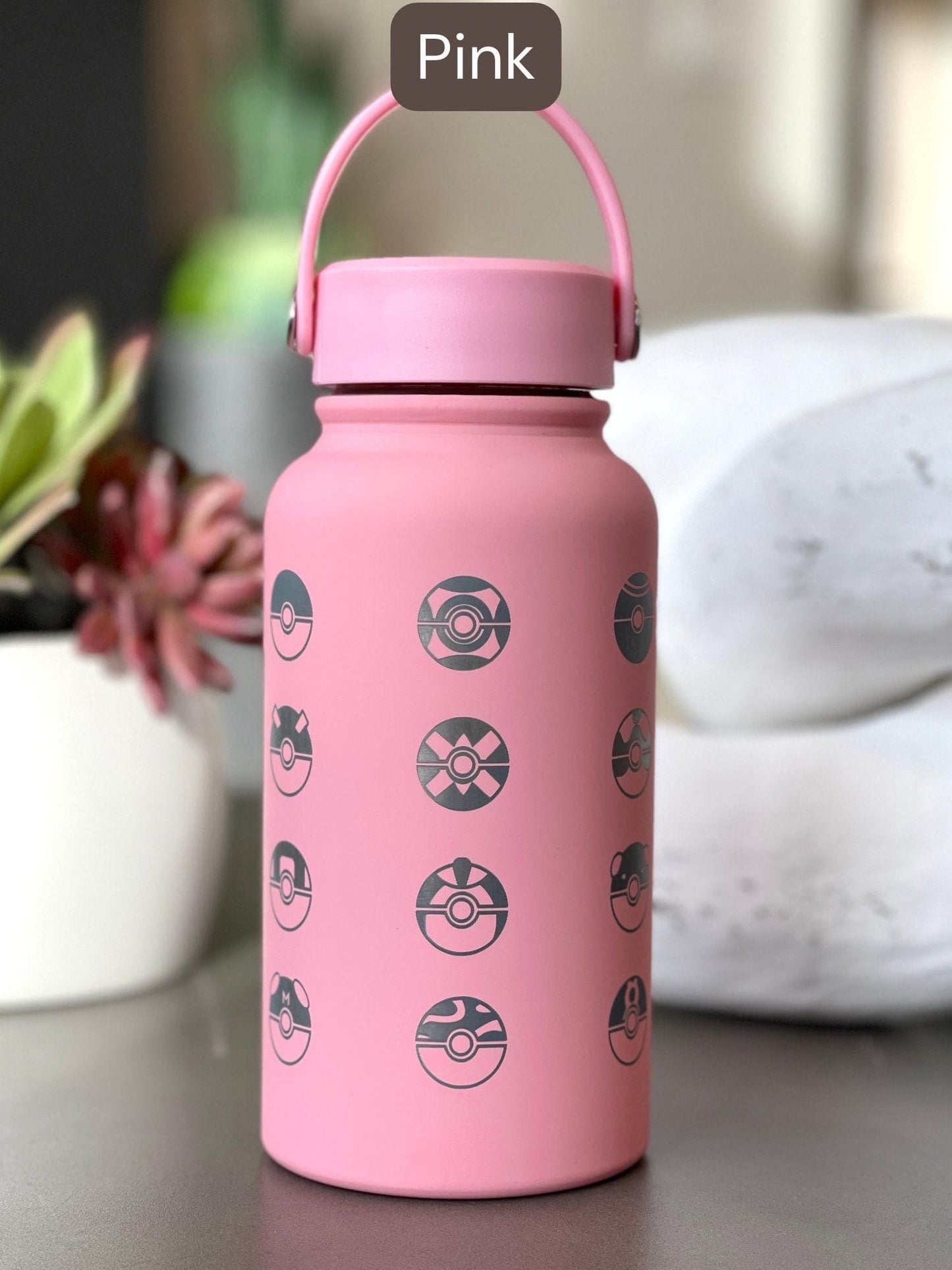 24 Classic Pokeballs Water Bottle Engraved Tumbler, Gamer Anime Fan Coffee Tea Travel Mug, Waterbottle Thermos Drink Birthday Gift