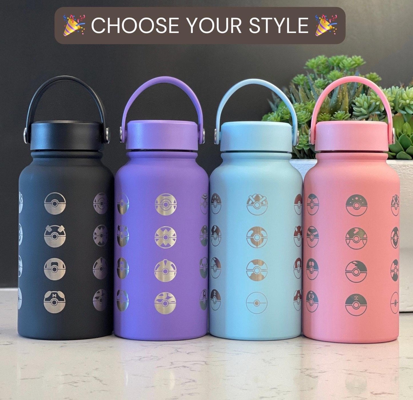 24 Classic Pokeballs Water Bottle Engraved Tumbler, Gamer Anime Fan Coffee Tea Travel Mug, Waterbottle Thermos Drink Birthday Gift
