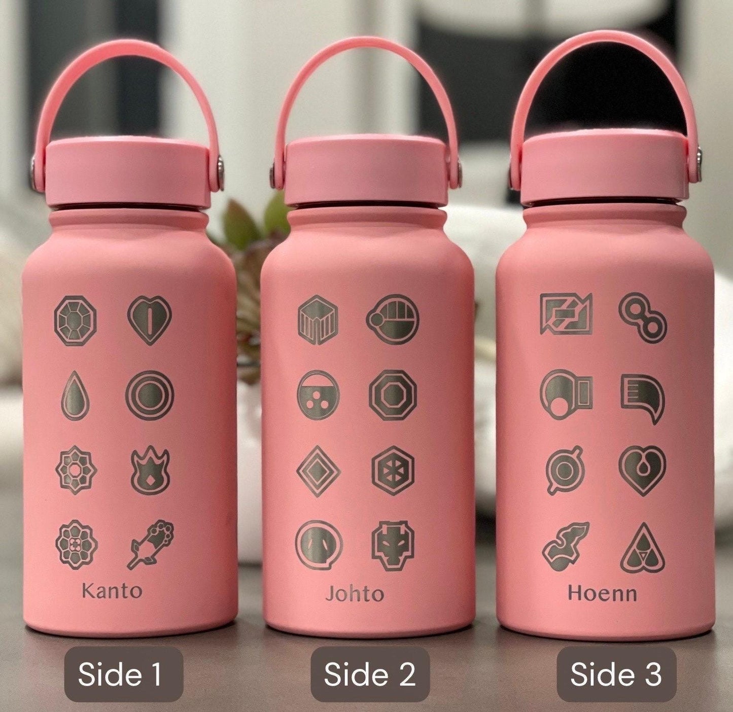 Kanto Johto Hoenn Gym Badges Water Bottle Engraved Coffee Tea Tumbler Travel Cup Waterbottle, Gamer Anime Anniversary Birthday Gift