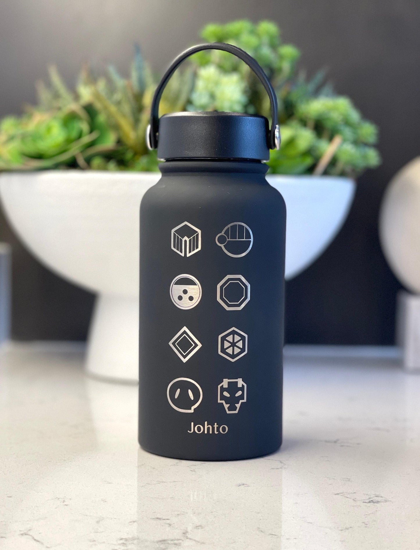 Kanto Johto Hoenn Gym Badges Water Bottle Engraved Coffee Tea Tumbler Travel Cup Waterbottle, Gamer Anime Anniversary Birthday Gift