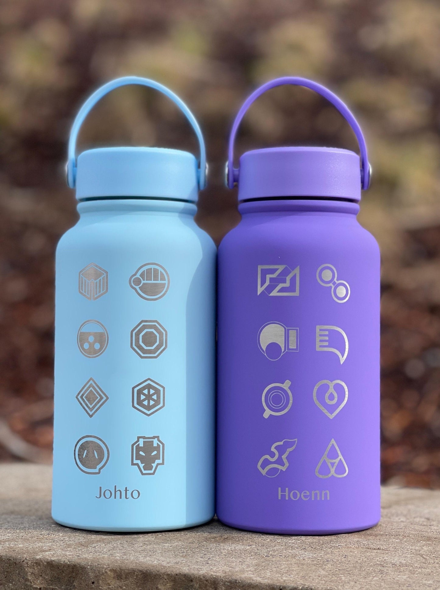 Kanto Johto Hoenn Gym Badges Water Bottle Engraved Coffee Tea Tumbler Travel Cup Waterbottle, Gamer Anime Anniversary Birthday Gift