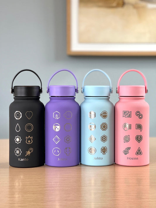 Kanto Johto Hoenn Gym Badges Water Bottle Engraved Coffee Tea Tumbler Travel Cup Waterbottle, Gamer Anime Anniversary Birthday Gift