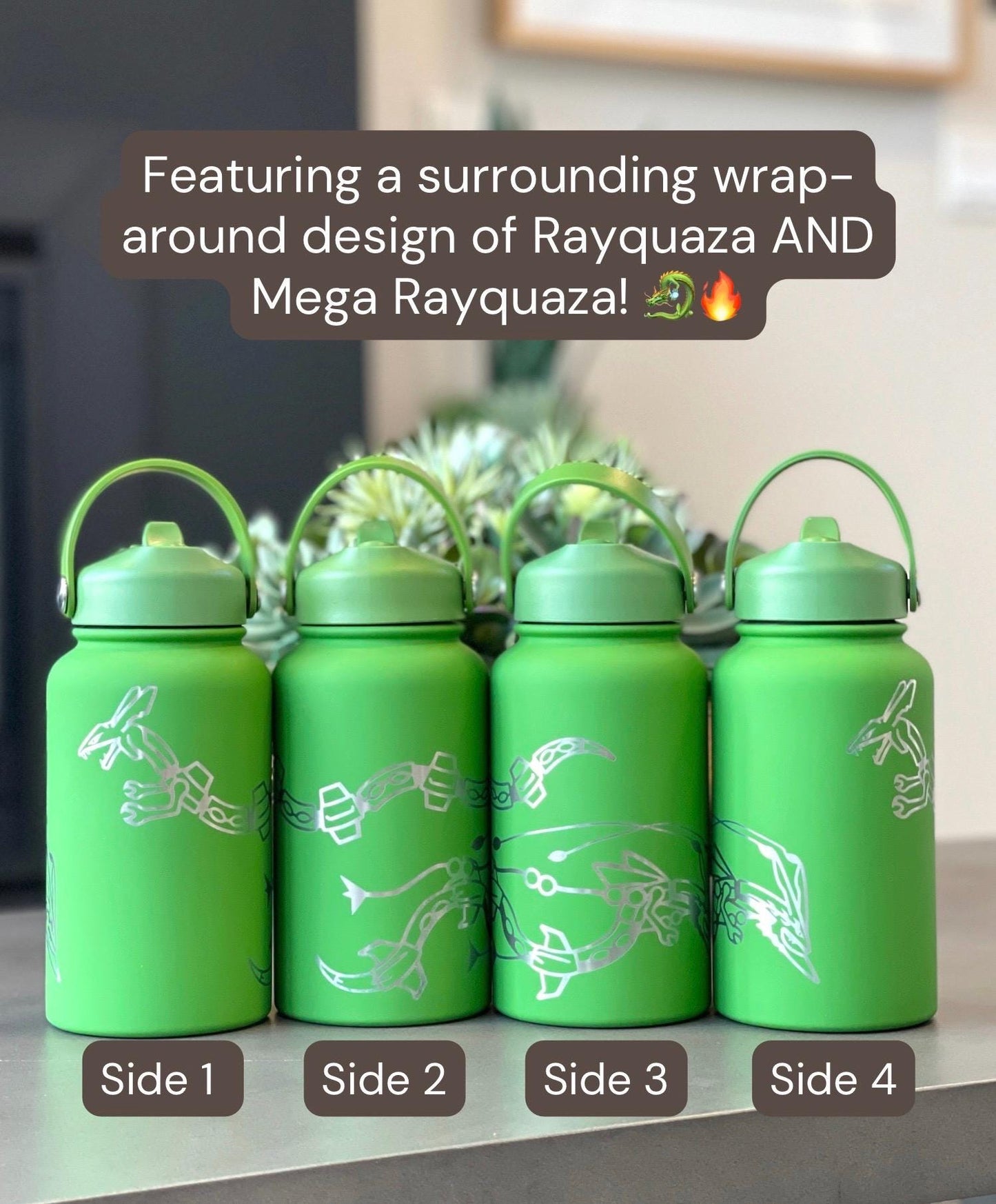 Rayquaza & Mega Rayquaza Water Bottle Engraved Coffee Tumbler, Hoenn Legendary Dragon Waterbottle Thermos, Anime Fan Birthday Gift