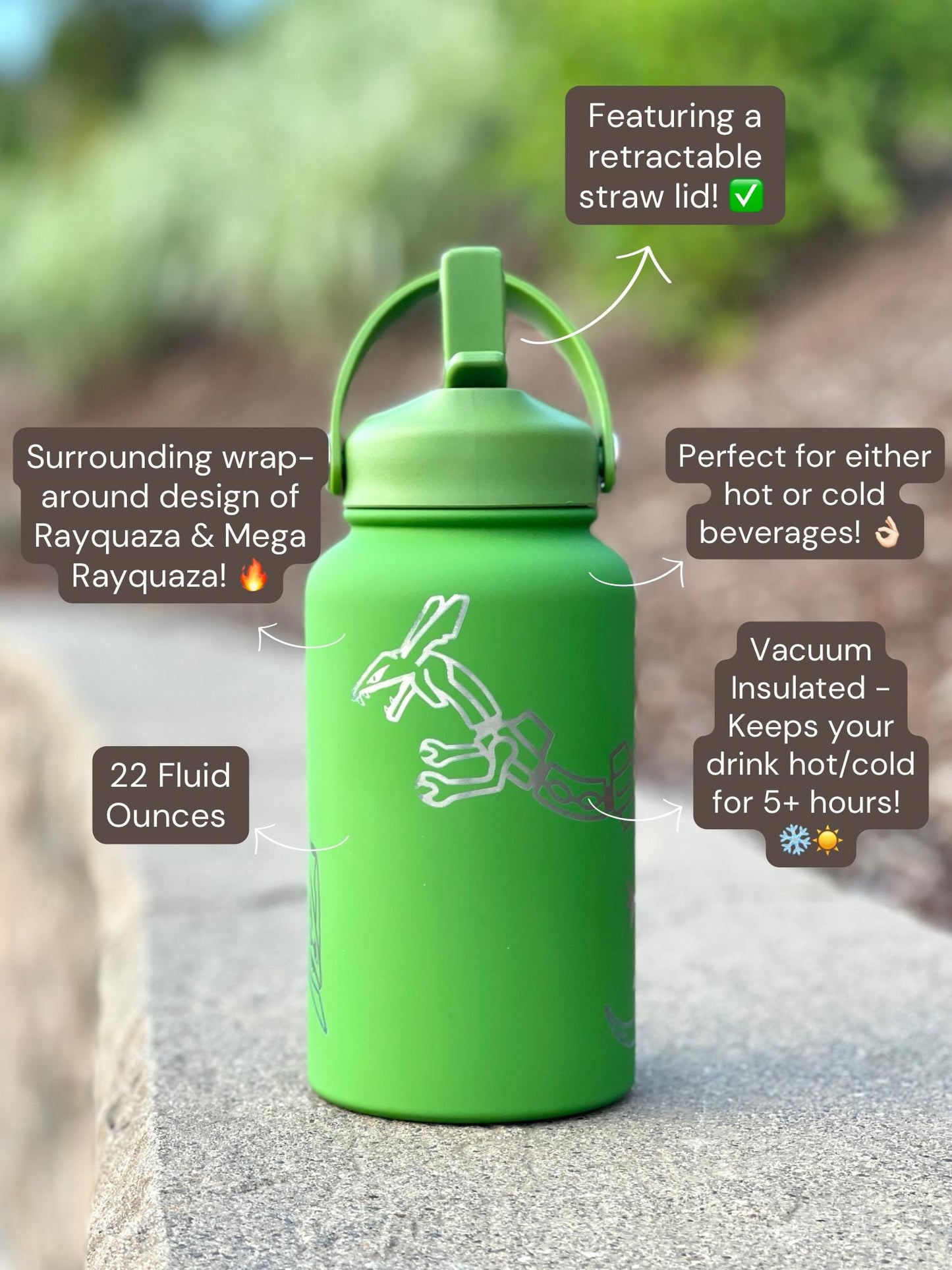 Rayquaza & Mega Rayquaza Water Bottle Engraved Coffee Tumbler, Hoenn Legendary Dragon Waterbottle Thermos, Anime Fan Birthday Gift