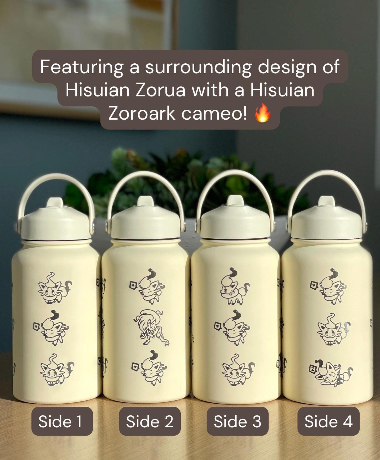 Hisuian Zorua Zoroark Water Bottle Engraved Coffee Tumbler, Waterbottle Travel Mug Thermos, Cute Anime Fan Anniversary Birthday Gift