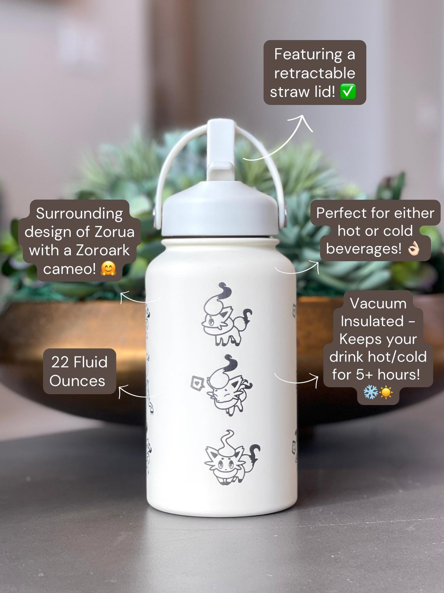 Hisuian Zorua Zoroark Water Bottle Engraved Coffee Tumbler, Waterbottle Travel Mug Thermos, Cute Anime Fan Anniversary Birthday Gift