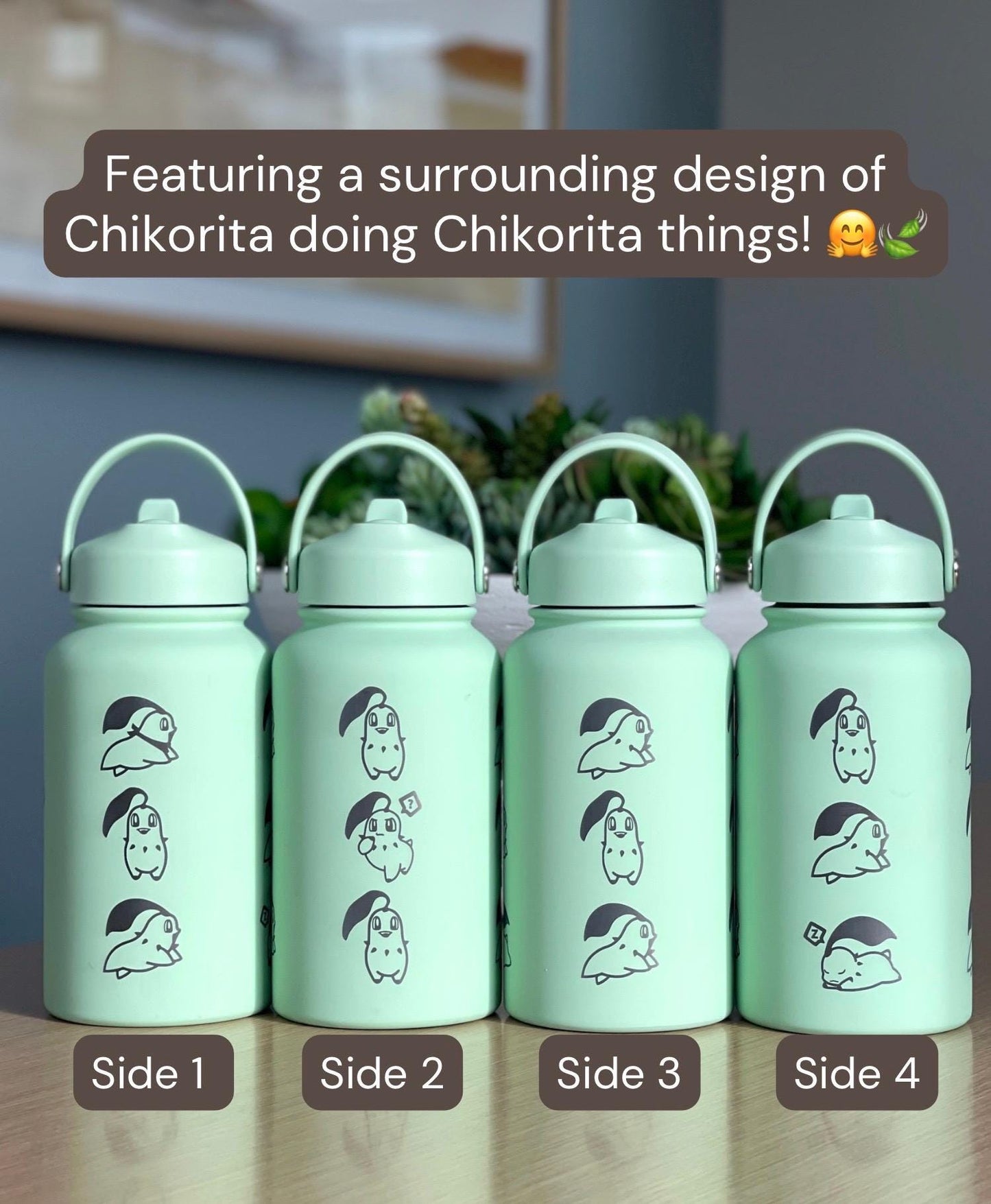 Chikorita Water Bottle Engraved Coffee Tumbler with Sleeping Chikorita, Grass Johto Starter Waterbottle Travel Mug Anime Fan Birthday Gift