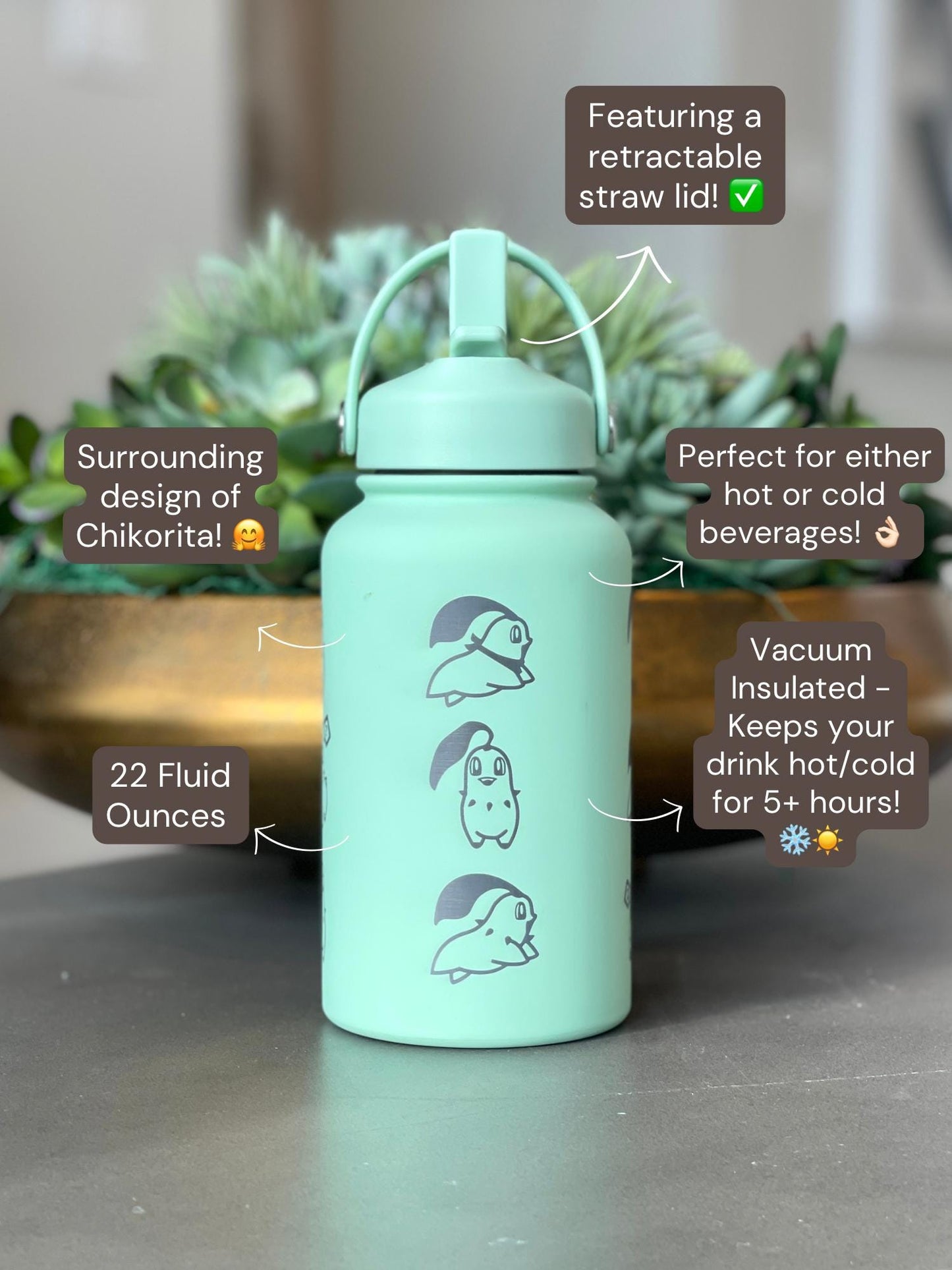 Chikorita Water Bottle Engraved Coffee Tumbler with Sleeping Chikorita, Grass Johto Starter Waterbottle Travel Mug Anime Fan Birthday Gift