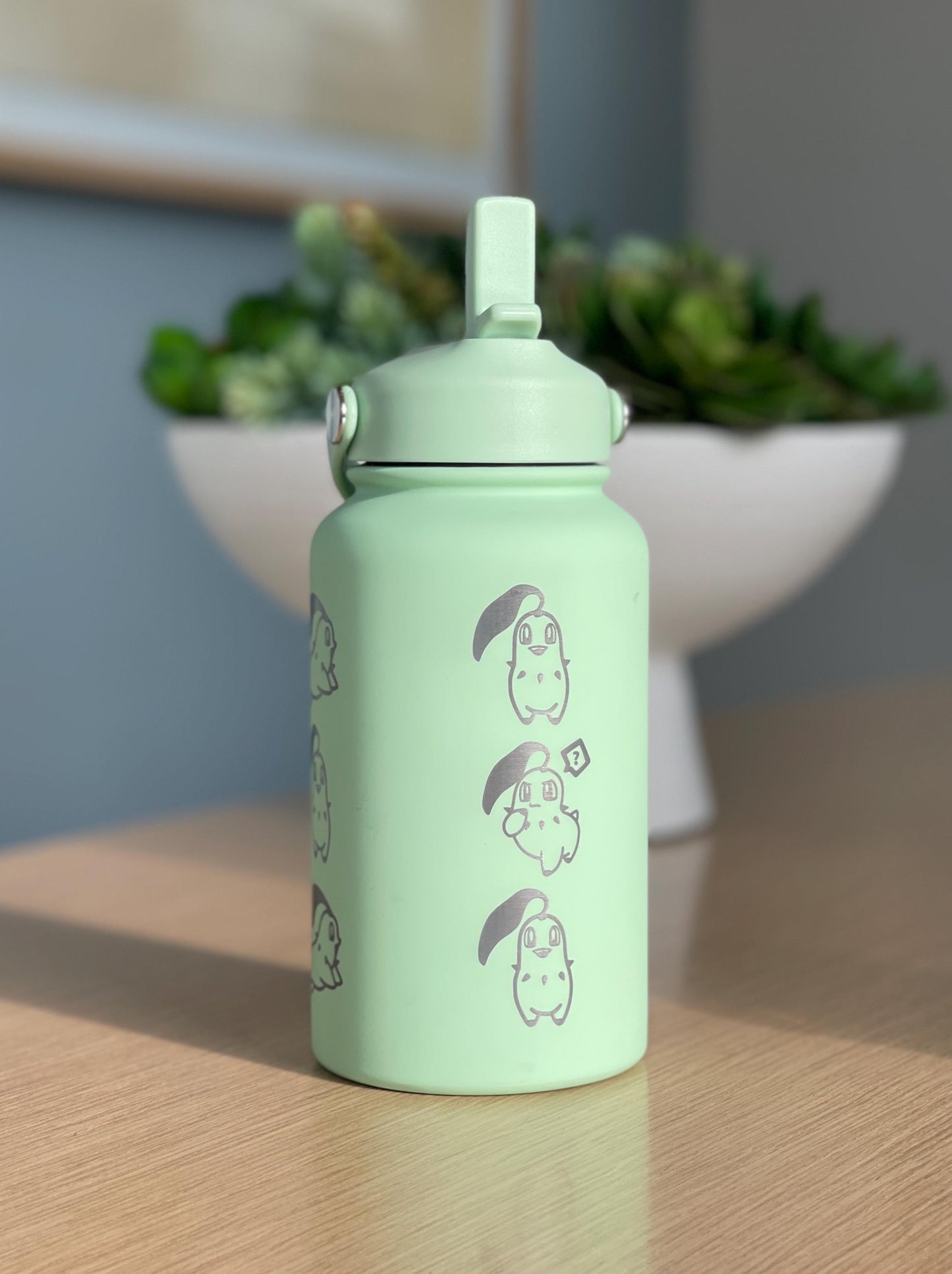 Chikorita Water Bottle Engraved Coffee Tumbler with Sleeping Chikorita, Grass Johto Starter Waterbottle Travel Mug Anime Fan Birthday Gift