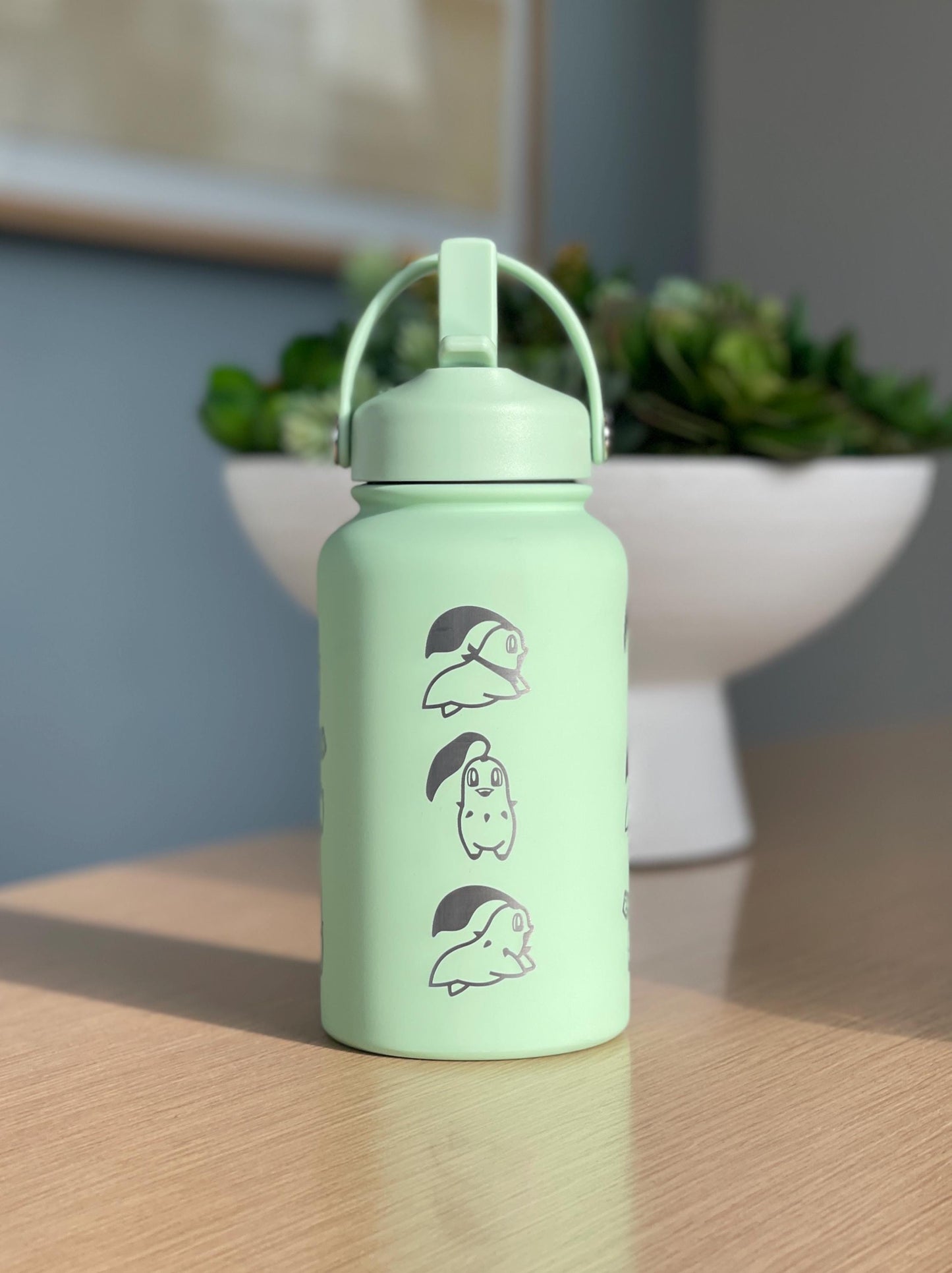 Chikorita Water Bottle Engraved Coffee Tumbler with Sleeping Chikorita, Grass Johto Starter Waterbottle Travel Mug Anime Fan Birthday Gift
