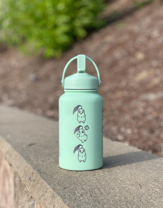 Chikorita Water Bottle Engraved Coffee Tumbler with Sleeping Chikorita, Grass Johto Starter Waterbottle Travel Mug Anime Fan Birthday Gift