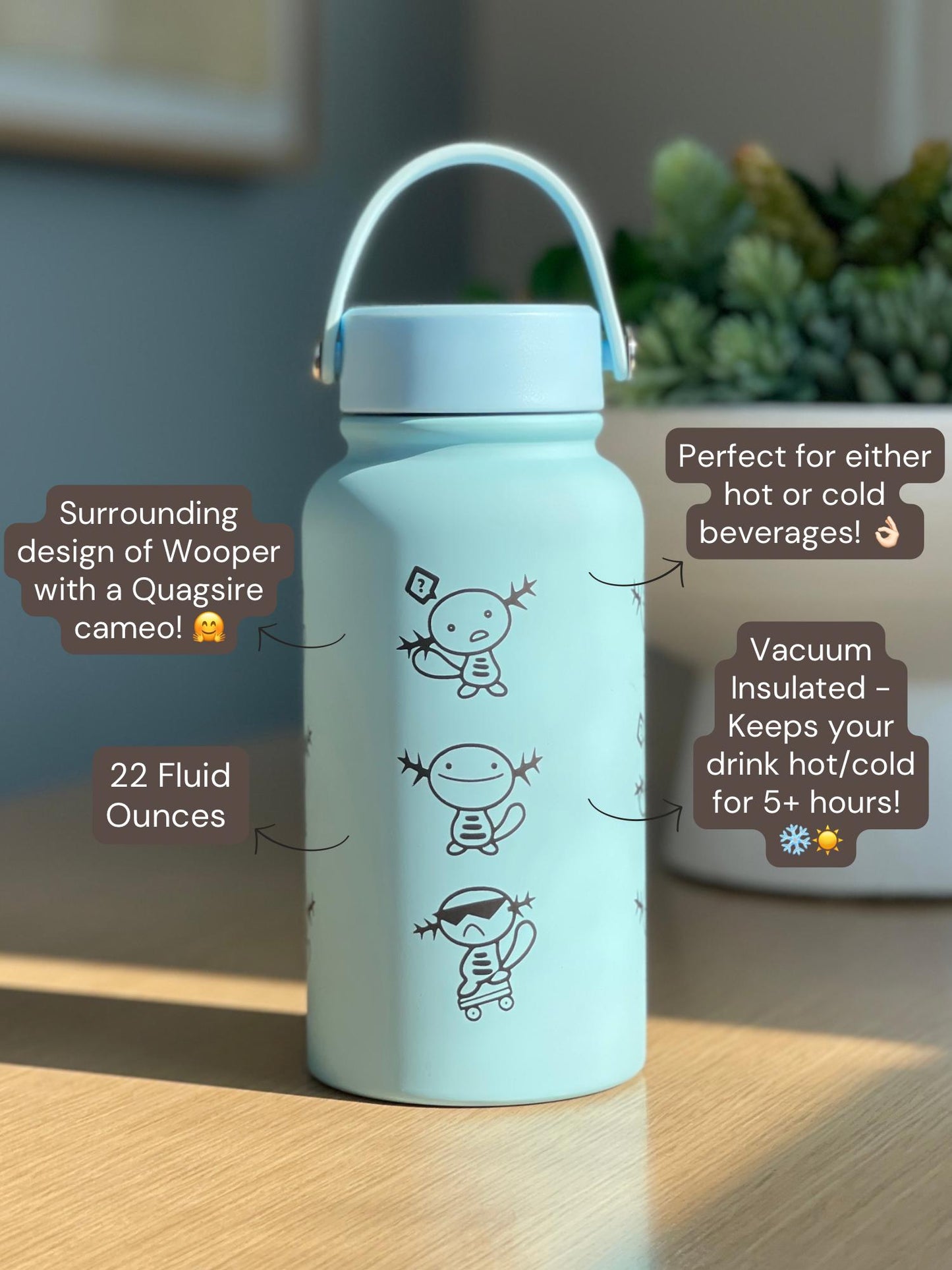 Wooper Quagsire Water Bottle Engraved Coffee Tumbler, Beanie Skatebording Wooper Waterbottle Travel Mug Thermos, Anime Fan Birthday Gift