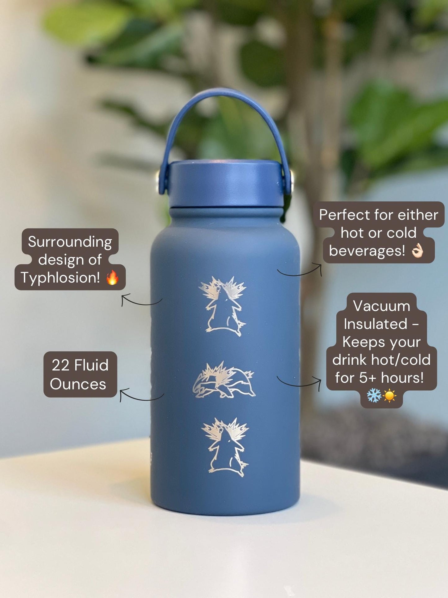 Typhlosion Engraved Water Bottle with Hisuian Typhlosion Waterbottle Coffee Tumbler, Johto Starter Anime Fan Travel Mug Gift