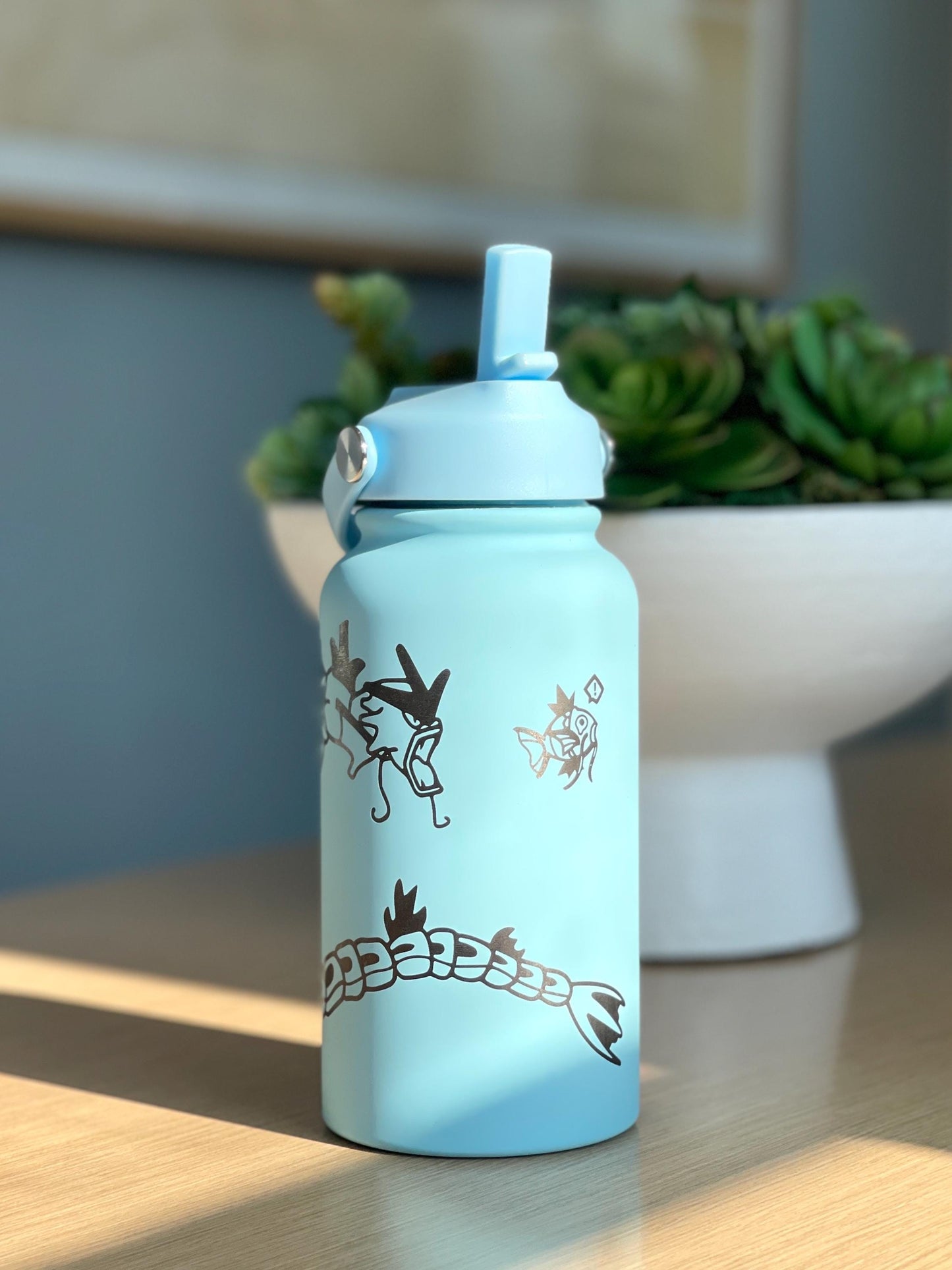 Gyarados & Shiny Red Gyarados Water Bottle Engraved Coffee Tumbler with Magikarp, Surrounding Design Waterbottle Anime Fan Birthday Gift