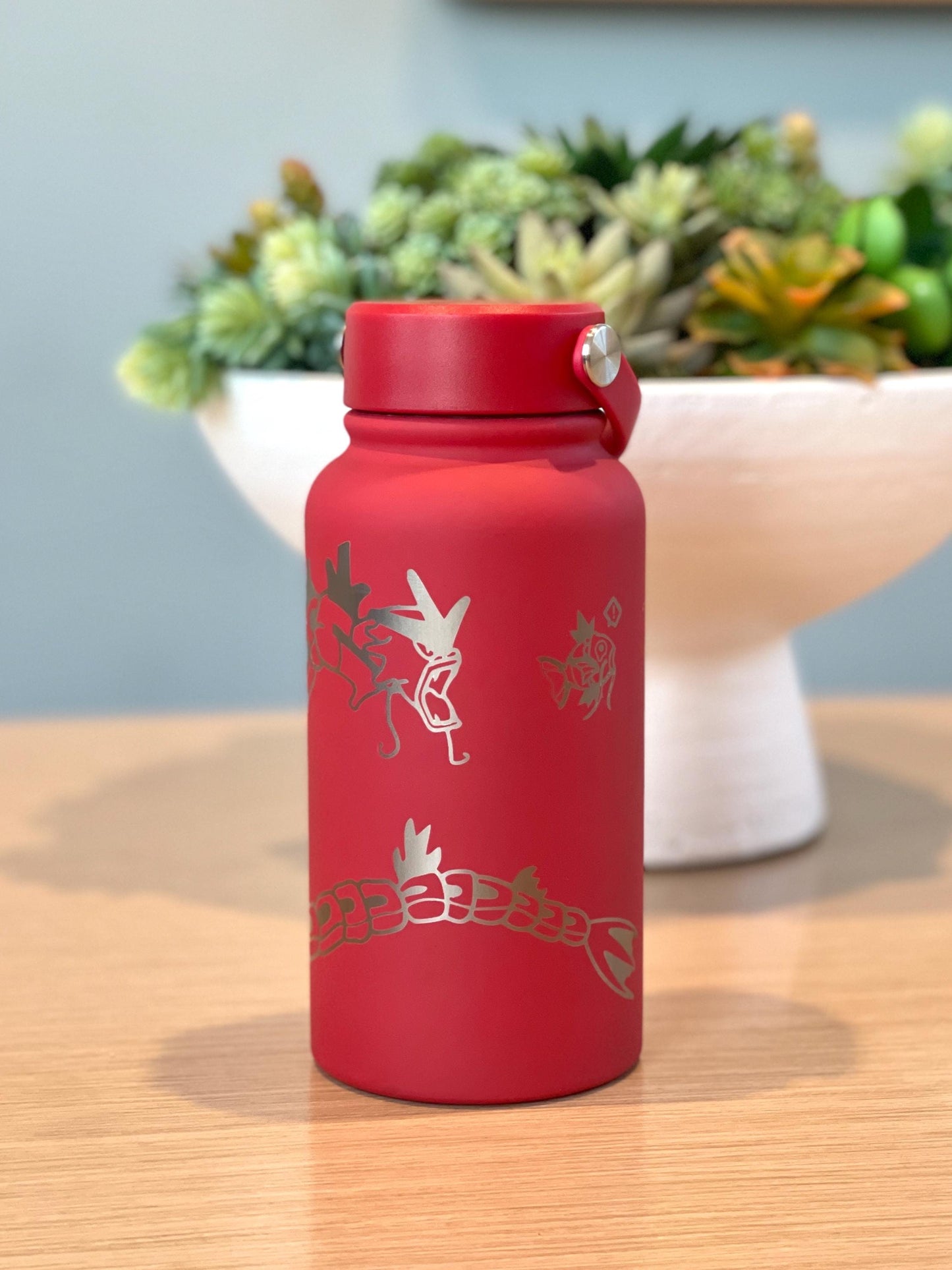 Gyarados & Shiny Red Gyarados Water Bottle Engraved Coffee Tumbler with Magikarp, Surrounding Design Waterbottle Anime Fan Birthday Gift