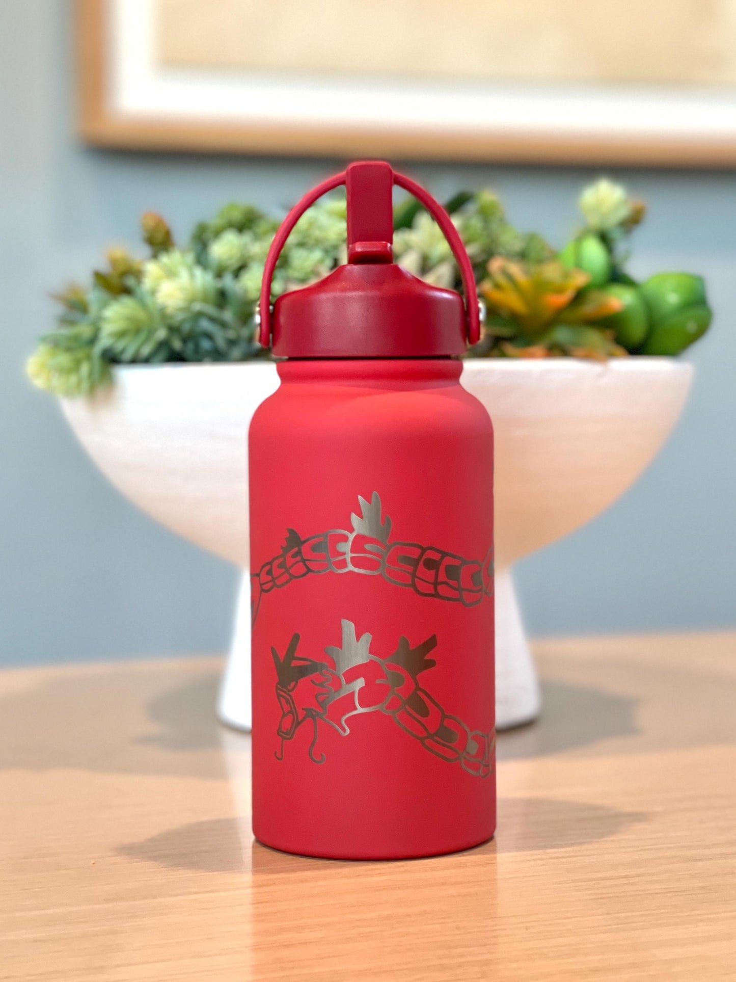Gyarados & Shiny Red Gyarados Water Bottle Engraved Coffee Tumbler with Magikarp, Surrounding Design Waterbottle Anime Fan Birthday Gift