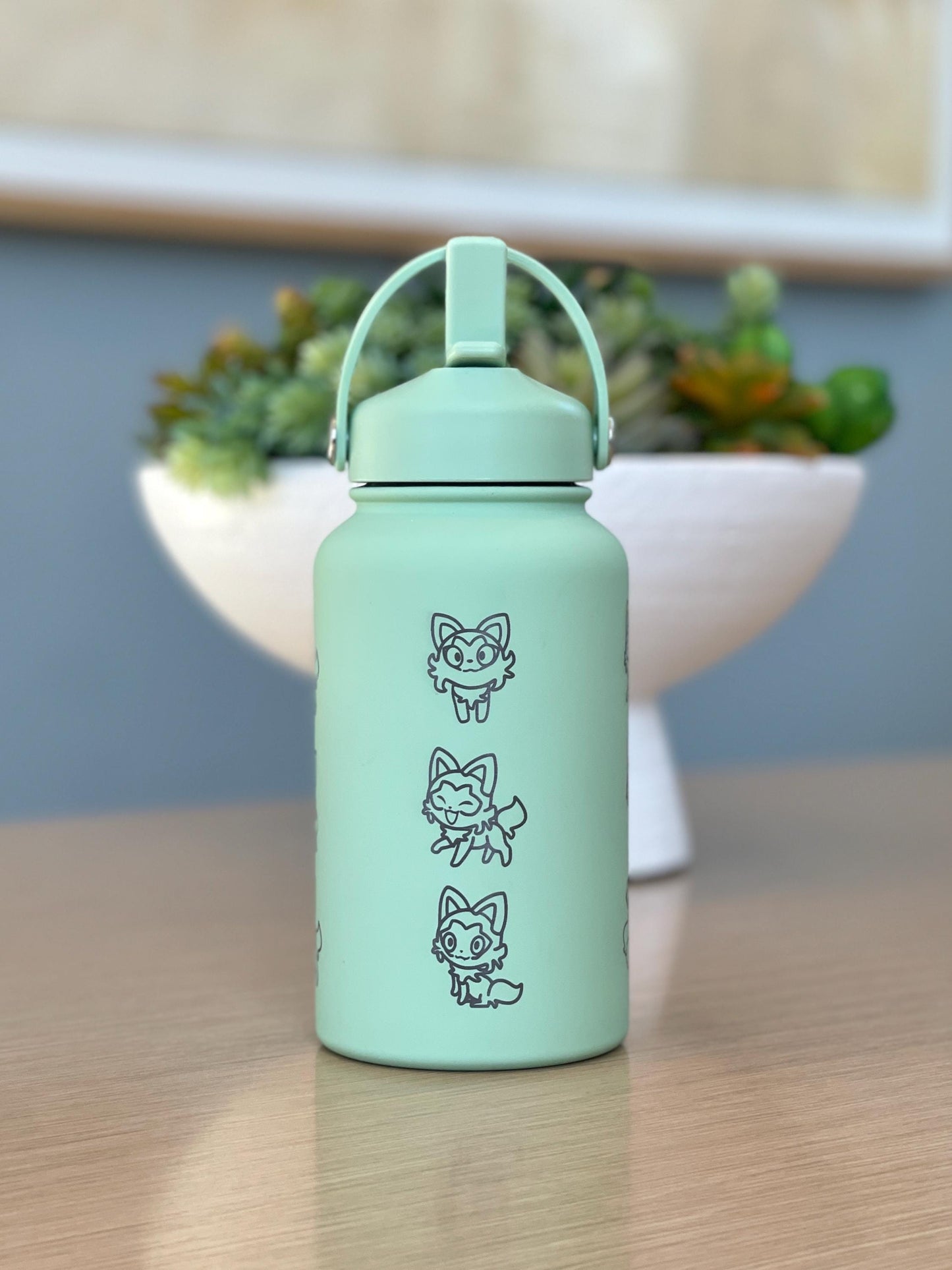 Sprigatito Water Bottle Engraved Coffee Tumbler with Sleeping Sprigatito, Paldea Grass Starter Waterbottle Thermos Anime Fan Birthday Gift