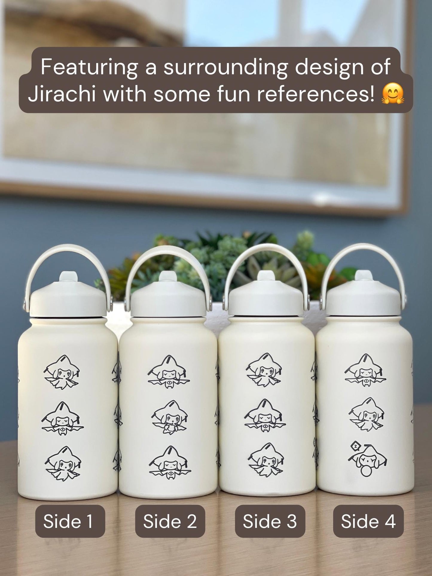 Jirachi Water Bottle Engraved Coffee Tumbler with Sleeping & Apple Jirachi, Hoenn Mythical Waterbottle Travel Mug Anime Fan Birthday Gift