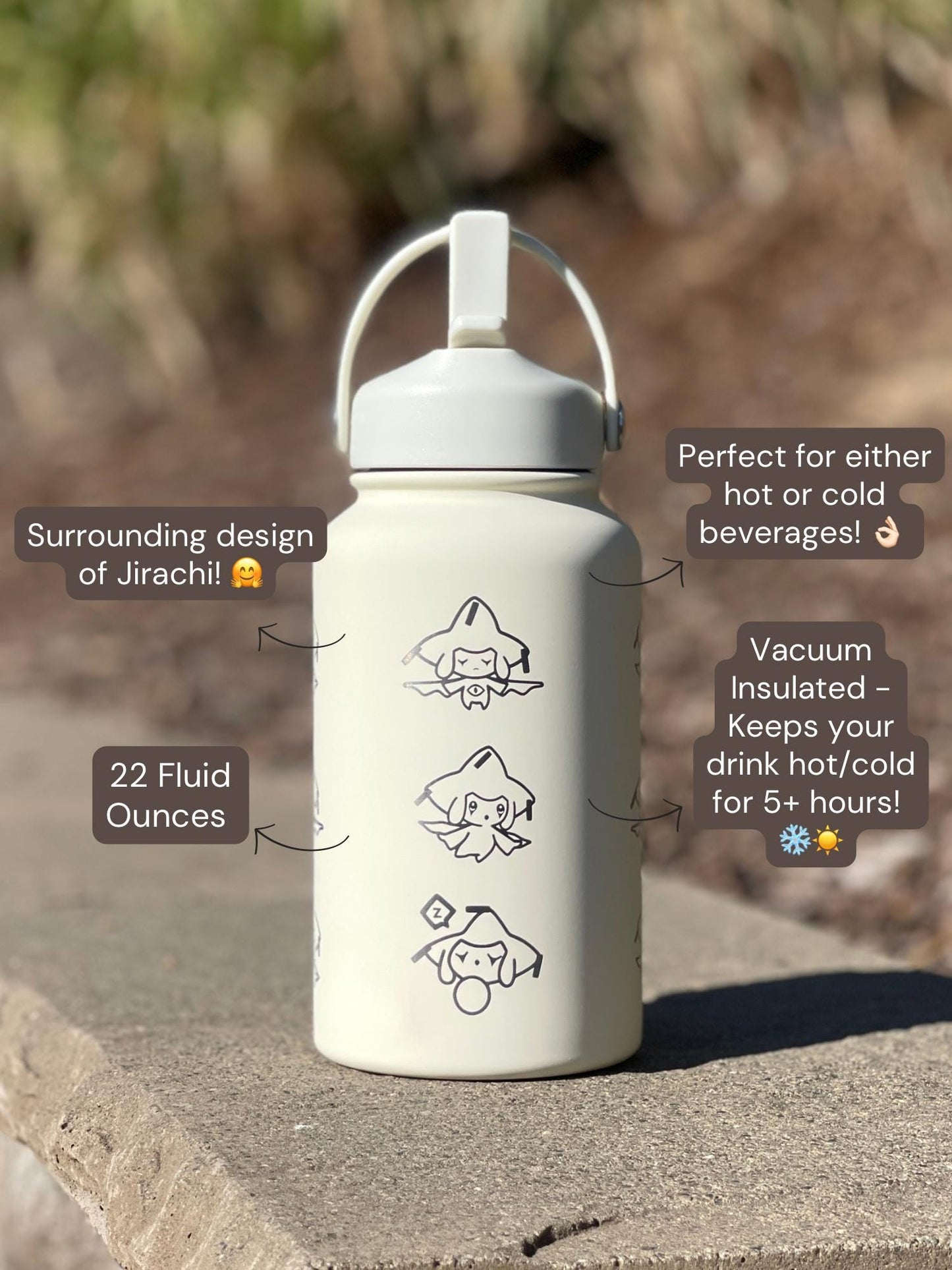 Jirachi Water Bottle Engraved Coffee Tumbler with Sleeping & Apple Jirachi, Hoenn Mythical Waterbottle Travel Mug Anime Fan Birthday Gift
