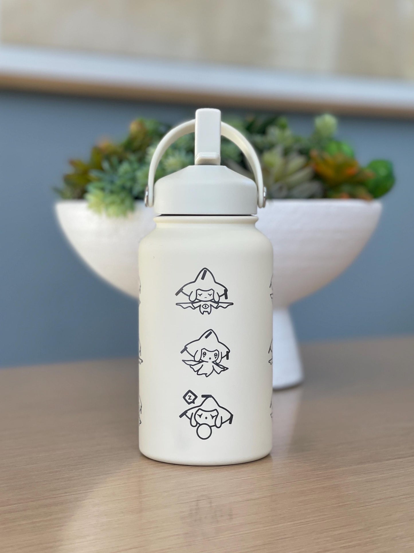 Jirachi Water Bottle Engraved Coffee Tumbler with Sleeping & Apple Jirachi, Hoenn Mythical Waterbottle Travel Mug Anime Fan Birthday Gift