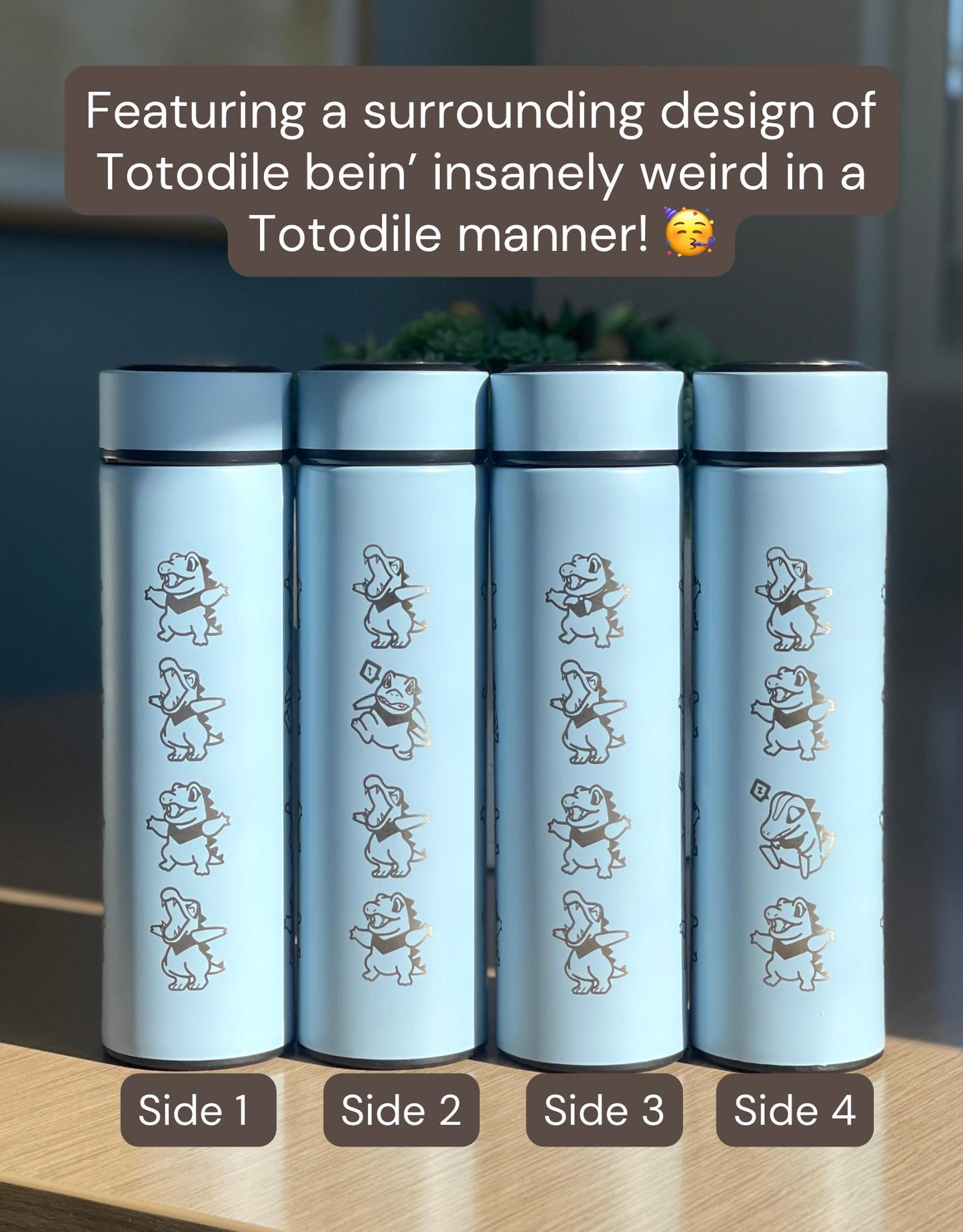 Totodile Coffee Tumbler, Engraved Water Bottle with Tea Infuser, Mystery Dungeon Scarf, Johto Legends ZA Starter Flask Anniversary Gift