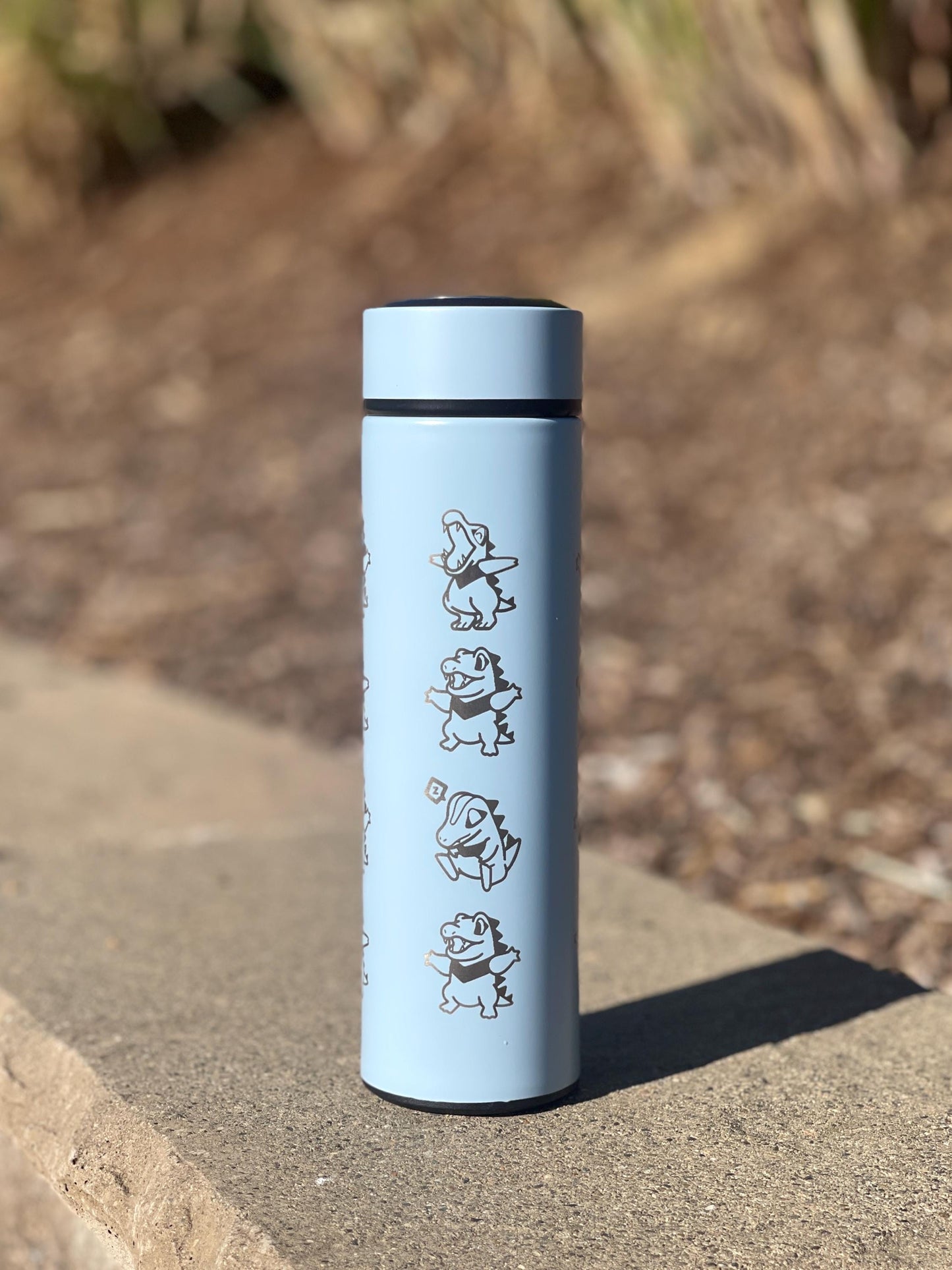 Totodile Coffee Tumbler, Engraved Water Bottle with Tea Infuser, Mystery Dungeon Scarf, Johto Legends ZA Starter Flask Anniversary Gift