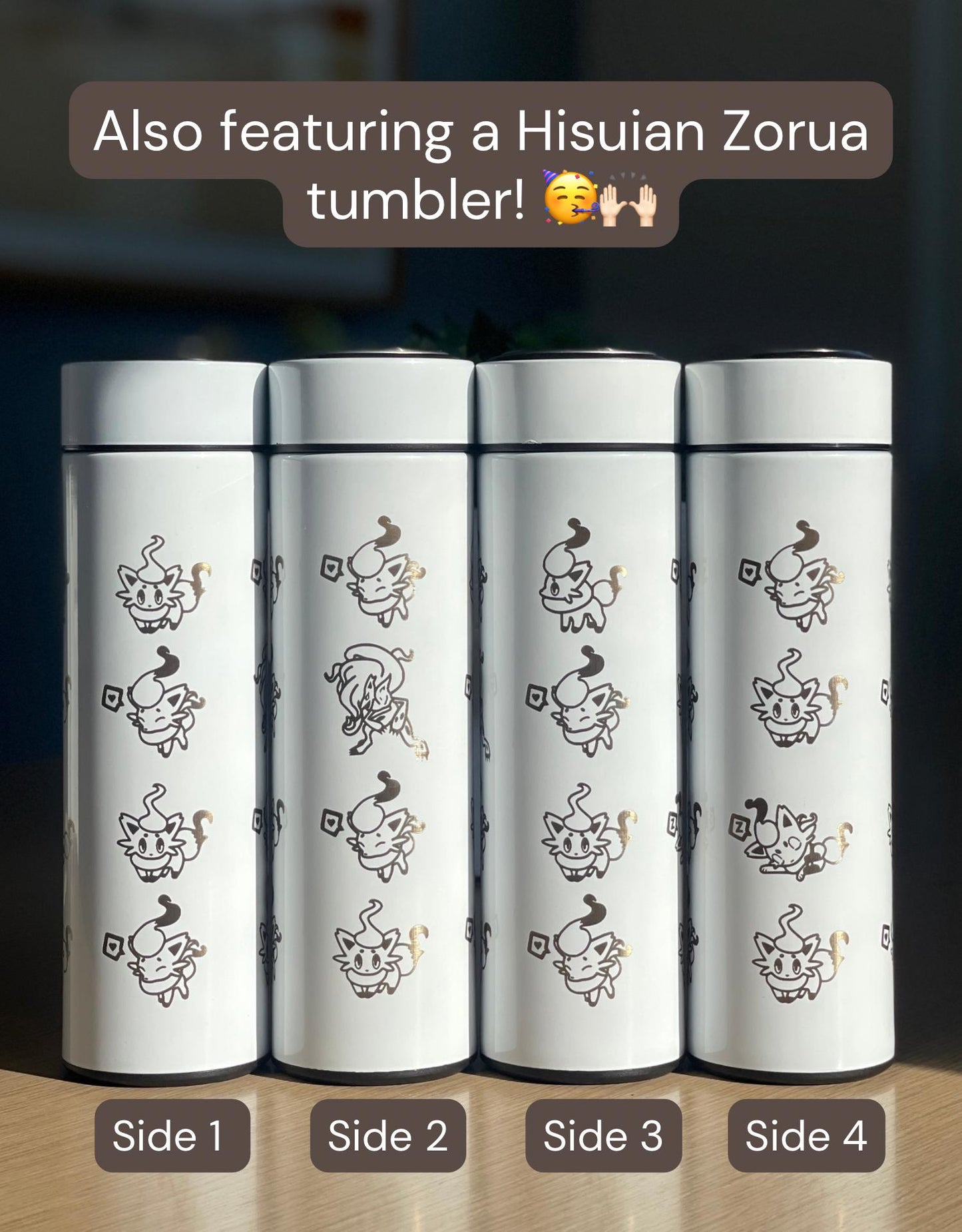 Zorua Zoroark Hisuian Zorua Coffee Tumbler Set with Tea Infuser, Engraved Waterbottle Travel Mug Thermos, Cute Anime Fan Birthday Gift