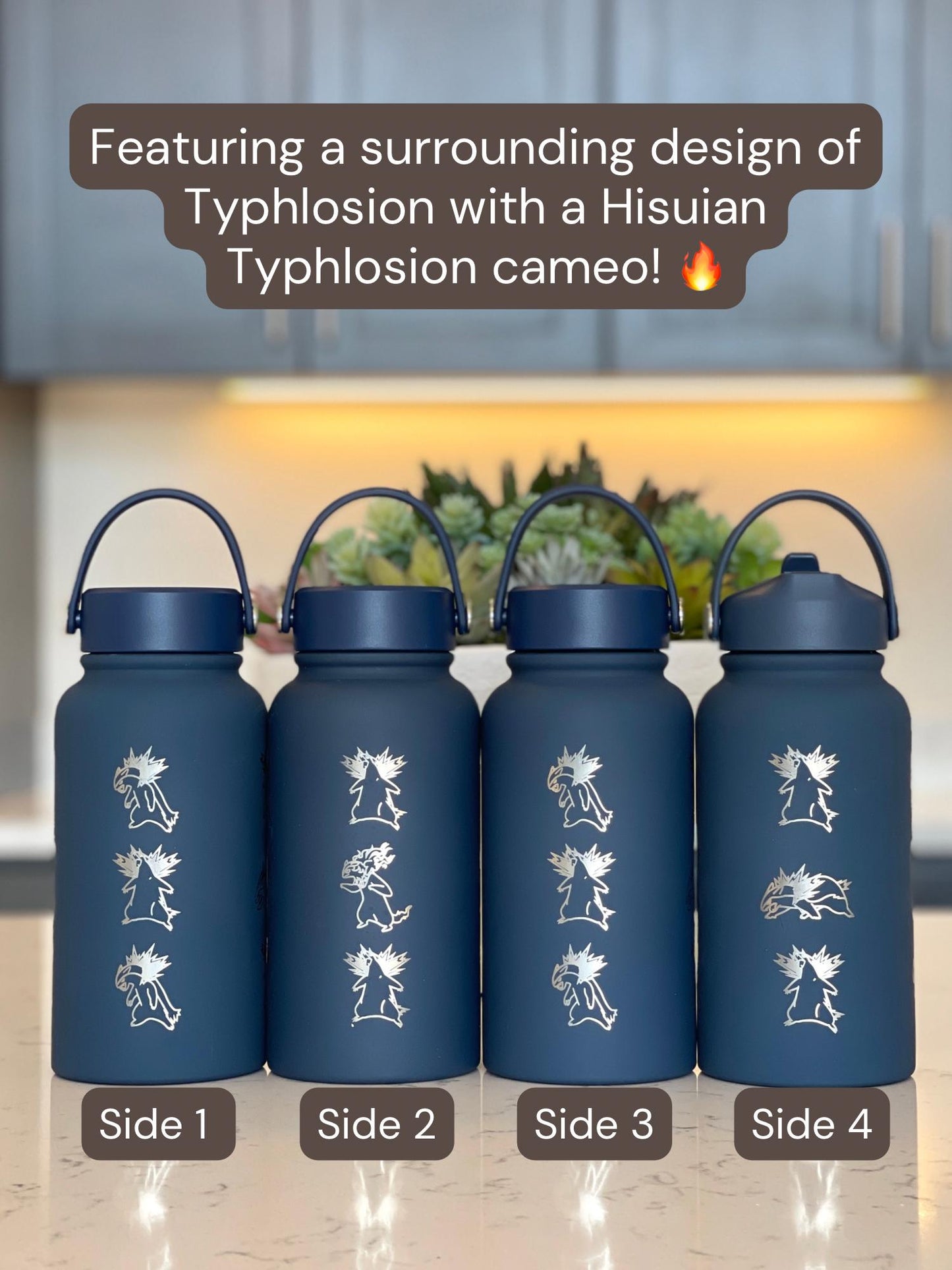 Typhlosion Engraved Water Bottle with Hisuian Typhlosion Waterbottle Coffee Tumbler, Johto Starter Anime Fan Travel Mug Gift