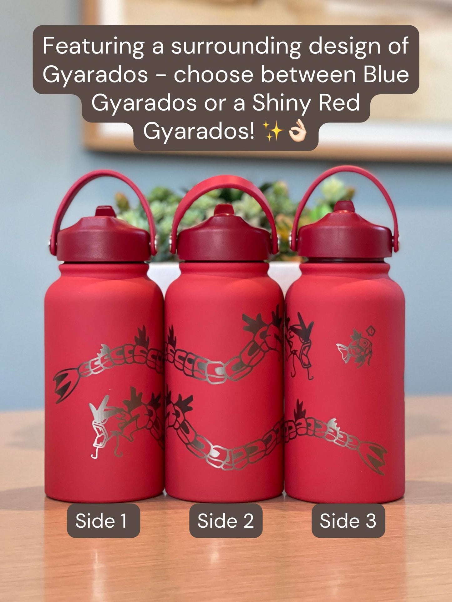 Gyarados & Shiny Red Gyarados Water Bottle Engraved Coffee Tumbler with Magikarp, Surrounding Design Waterbottle Anime Fan Birthday Gift