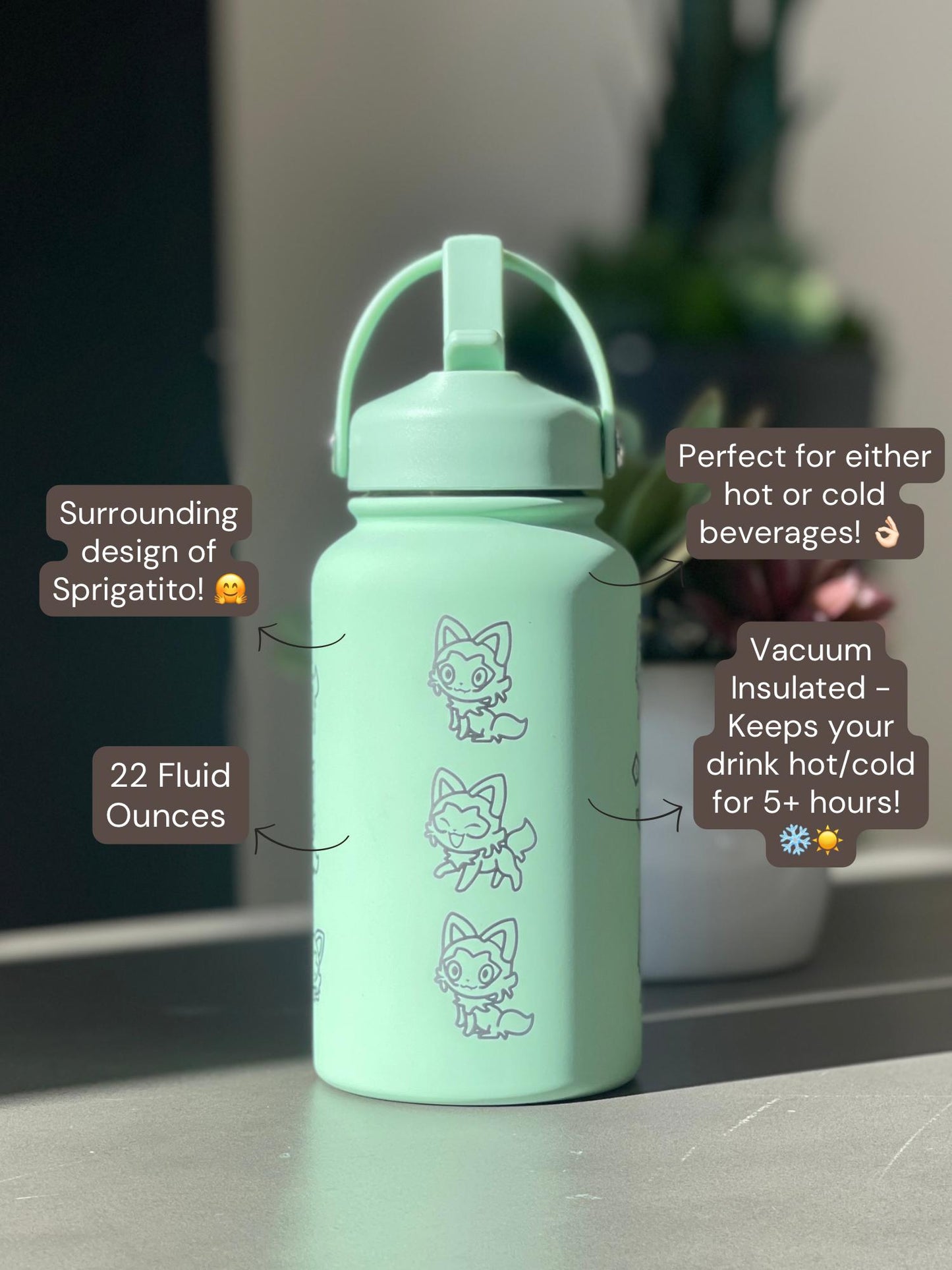 Sprigatito Water Bottle Engraved Coffee Tumbler with Sleeping Sprigatito, Paldea Grass Starter Waterbottle Thermos Anime Fan Birthday Gift