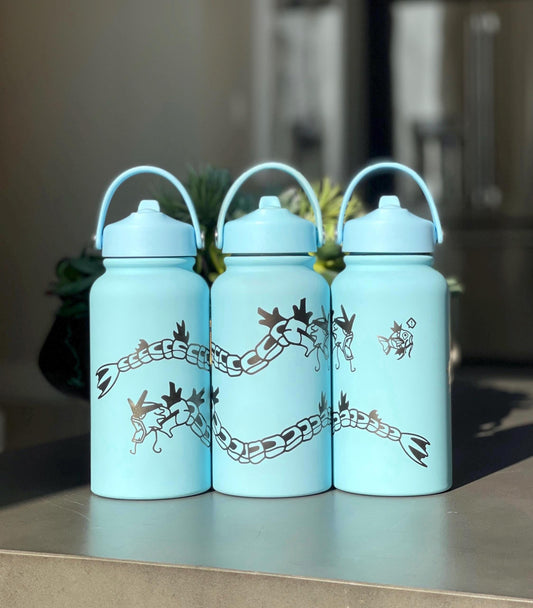 Gyarados & Shiny Red Gyarados Water Bottle Engraved Coffee Tumbler with Magikarp, Surrounding Design Waterbottle Anime Fan Birthday Gift