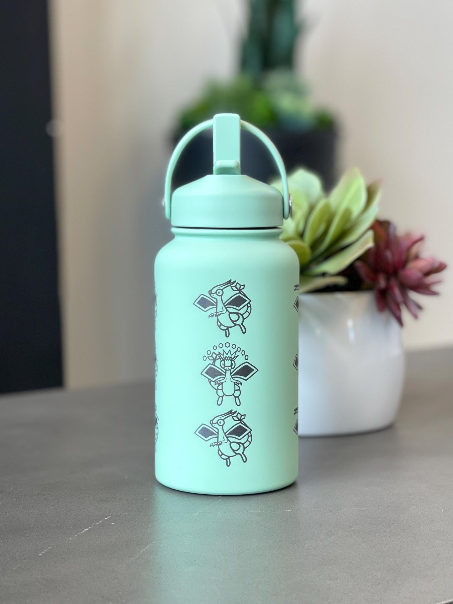 Flygon Water Bottle Engraved Coffee Tumbler with Tera Flygon Ex, Dragon Waterbottle Travel Mug Thermos Flask Gamer Birthday Gift