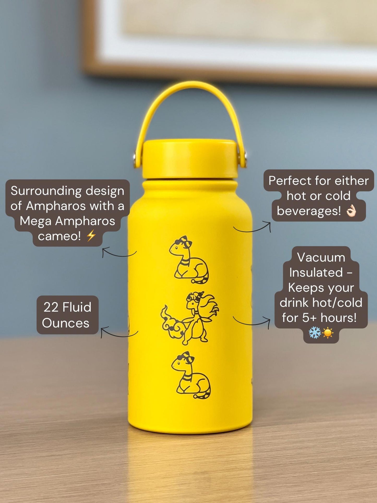 Ampharos Water Bottle Engraved Coffee Tumbler, Mega Ampharos & Scooter Hat Waterbottle Thermos Flask, Electric Johto Anime Fan Birthday Gift