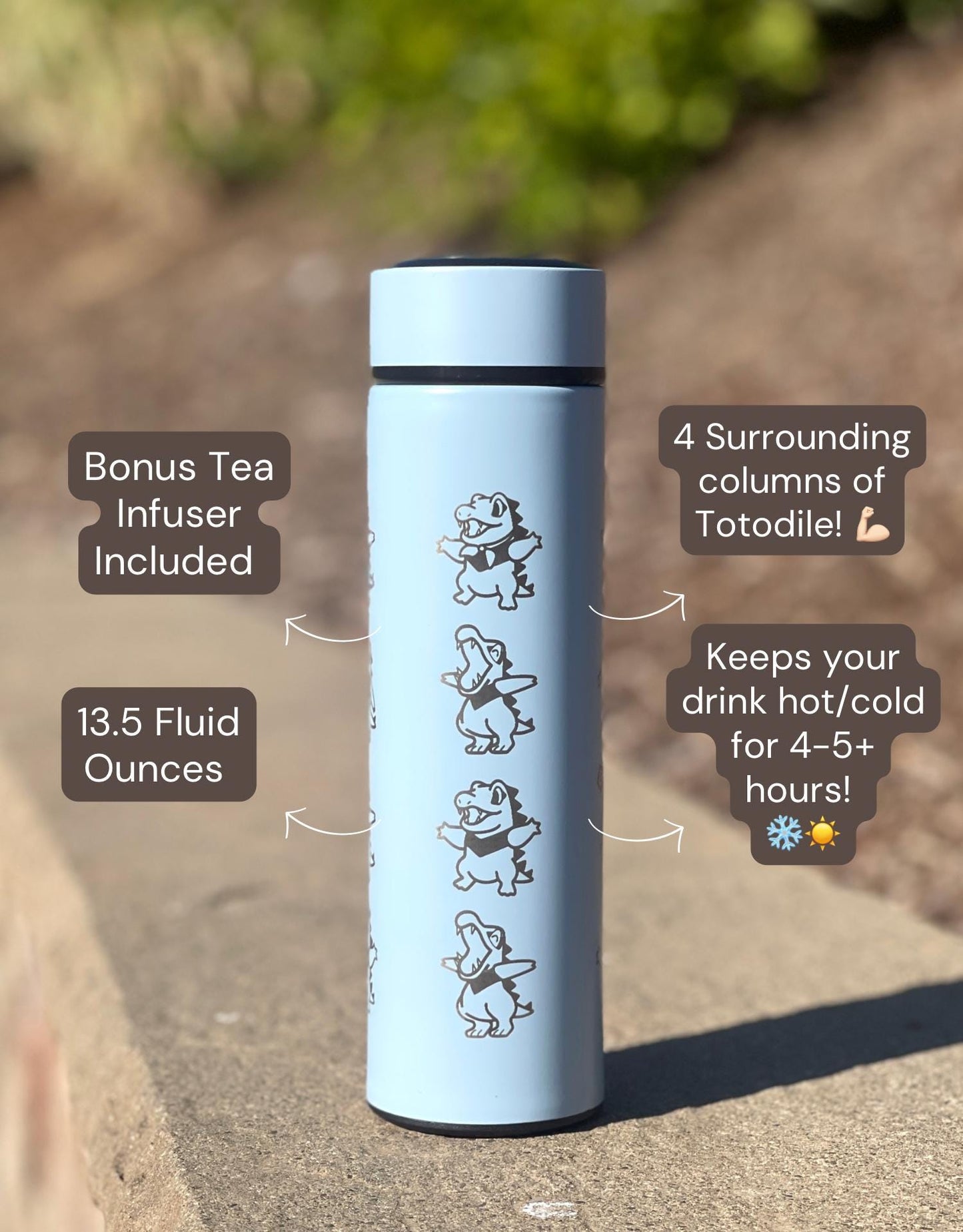 Totodile Coffee Tumbler, Engraved Water Bottle with Tea Infuser, Mystery Dungeon Scarf, Johto Legends ZA Starter Flask Anniversary Gift