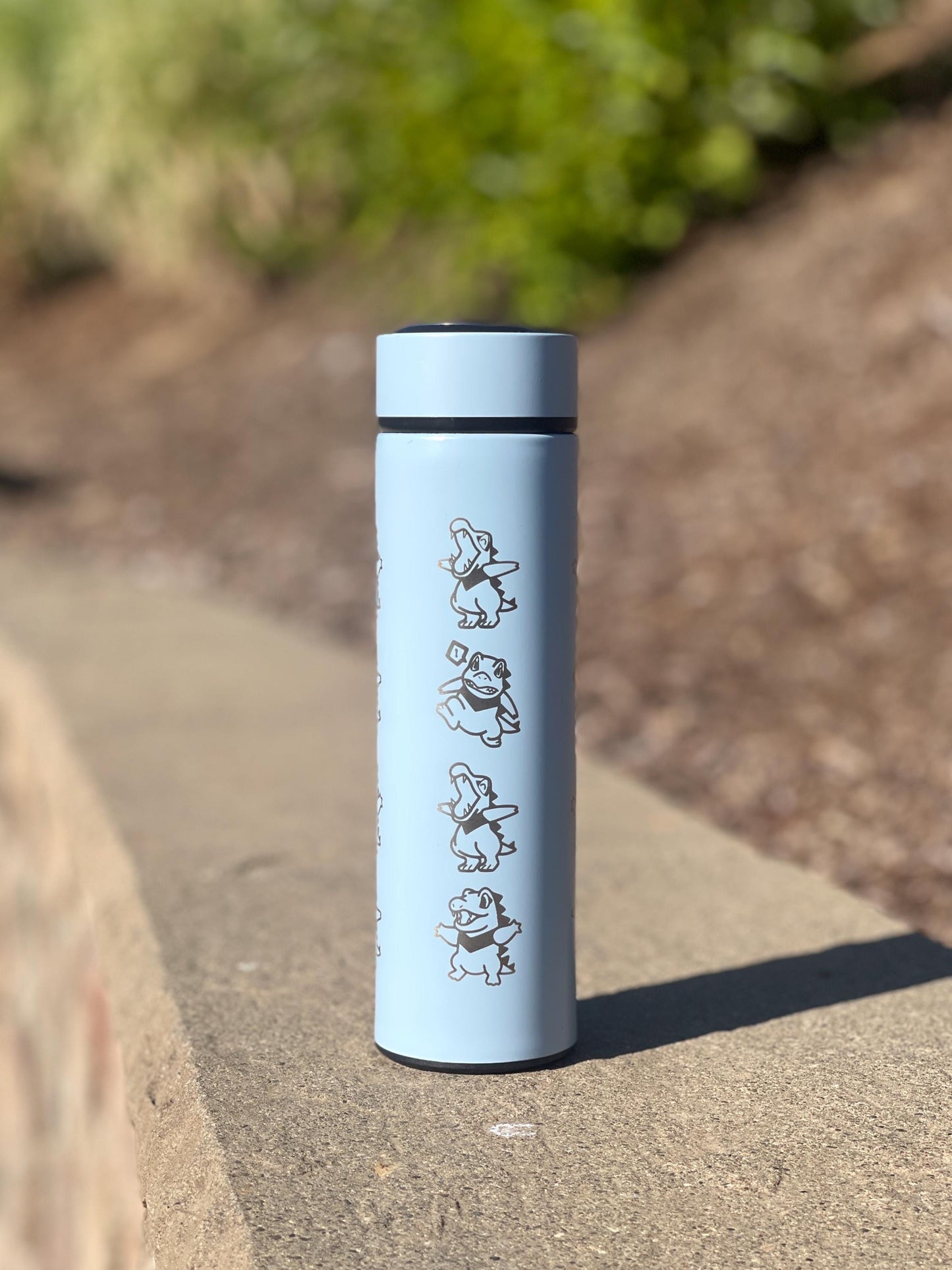 Totodile Coffee Tumbler, Engraved Water Bottle with Tea Infuser, Mystery Dungeon Scarf, Johto Legends ZA Starter Flask Anniversary Gift